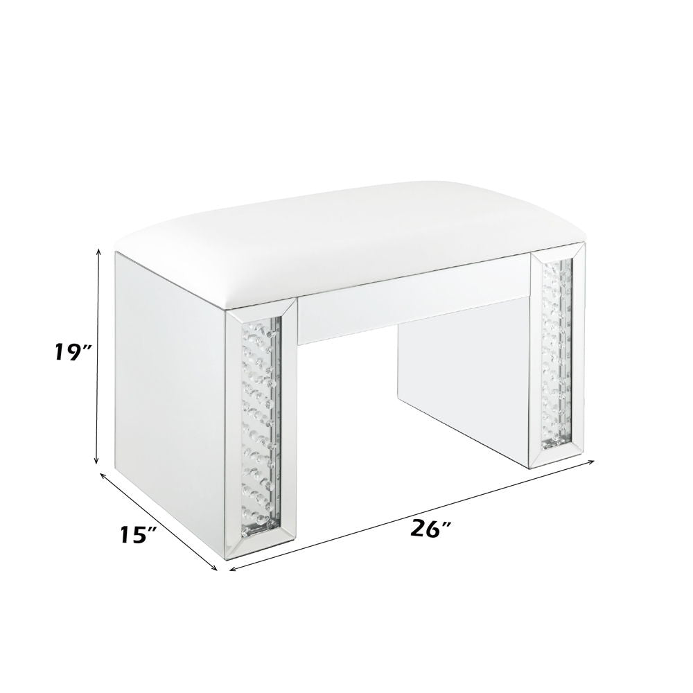 Nysa - Vanity Stool - Ivory Synthetic Leather , Mirrored & Faux Crystals