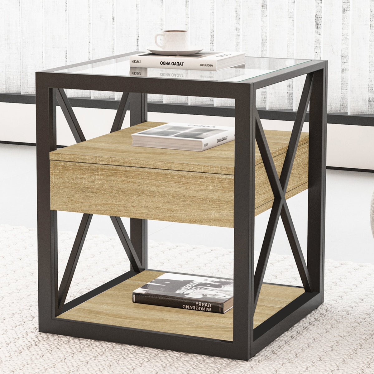 1 Piece Modern End Table with Drawer - Natural Wood & Tempered Glass