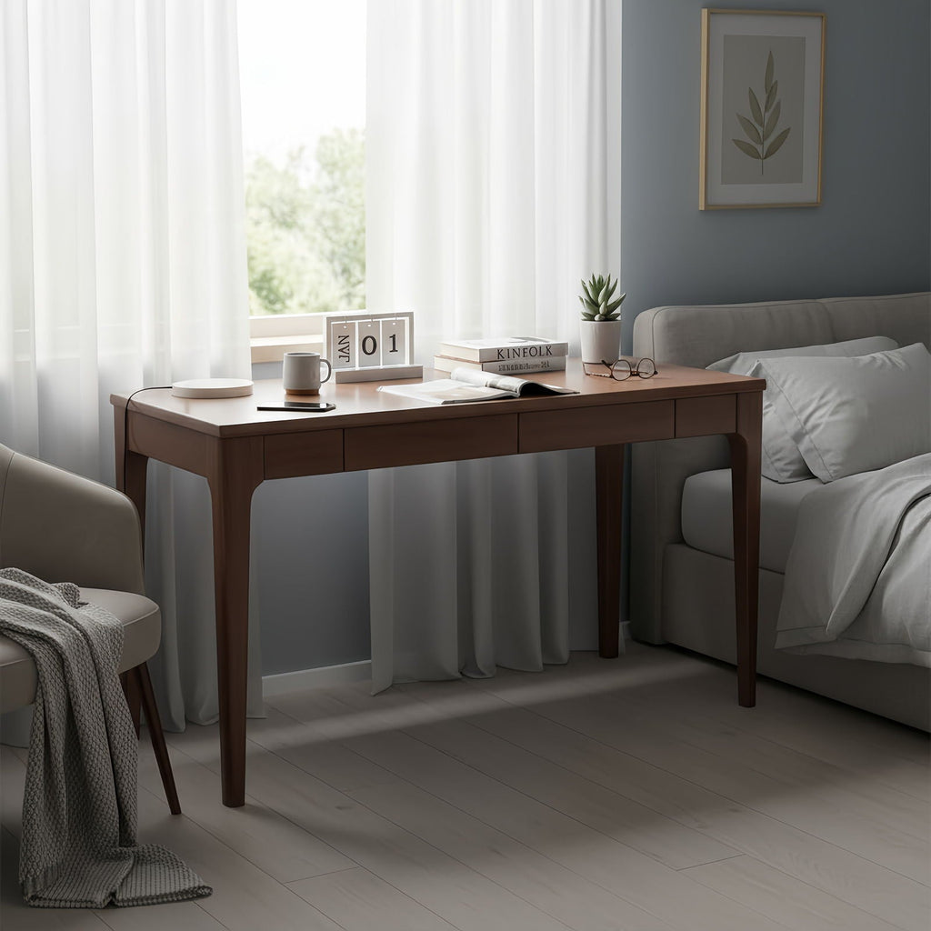 Desk With Drawers, Smooth Edge Design - Walnut