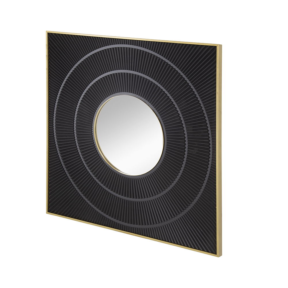 Square Carved Mirror With Pleated Design WithIron Frame, Neutral Colorway Wall Decor For Living Room Bathroom Entryway