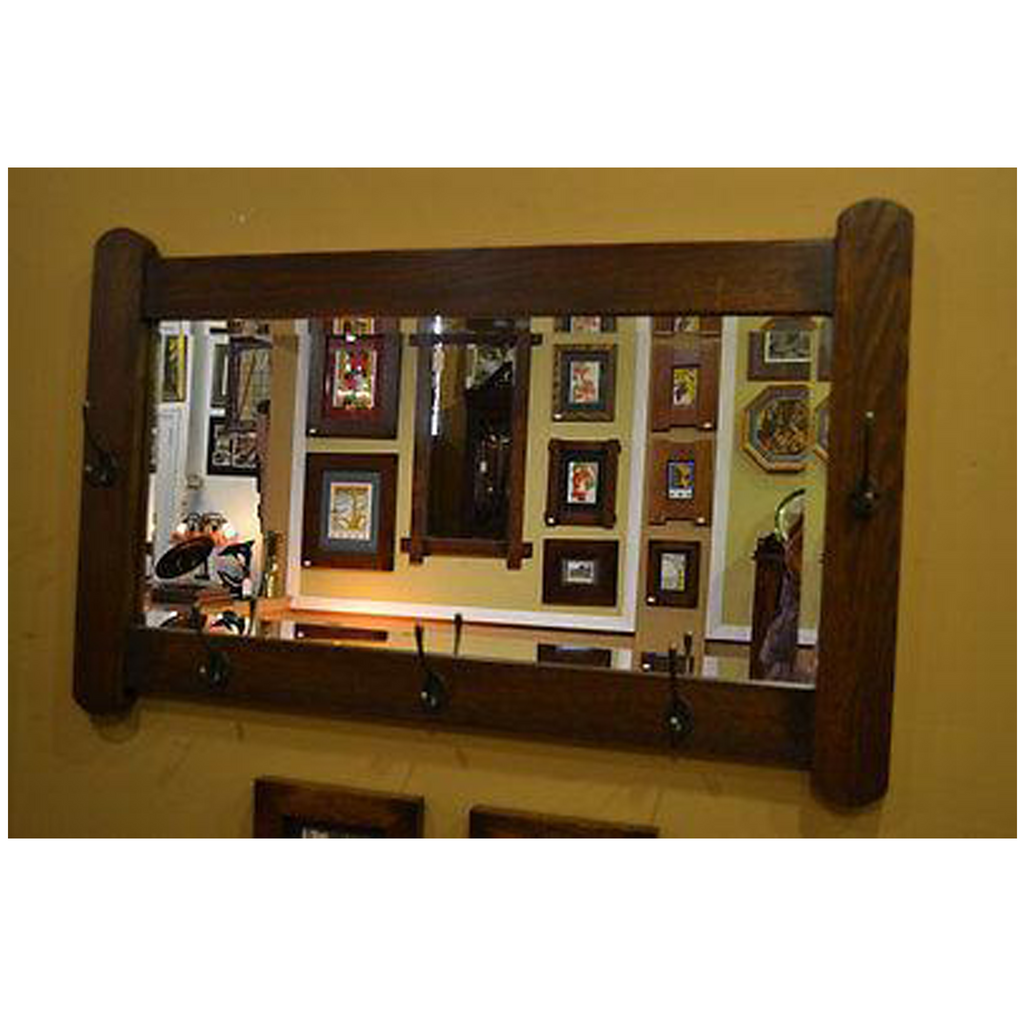 Arts and Crafts Mission Oak Bevelled Mirror with coat / hat hangers