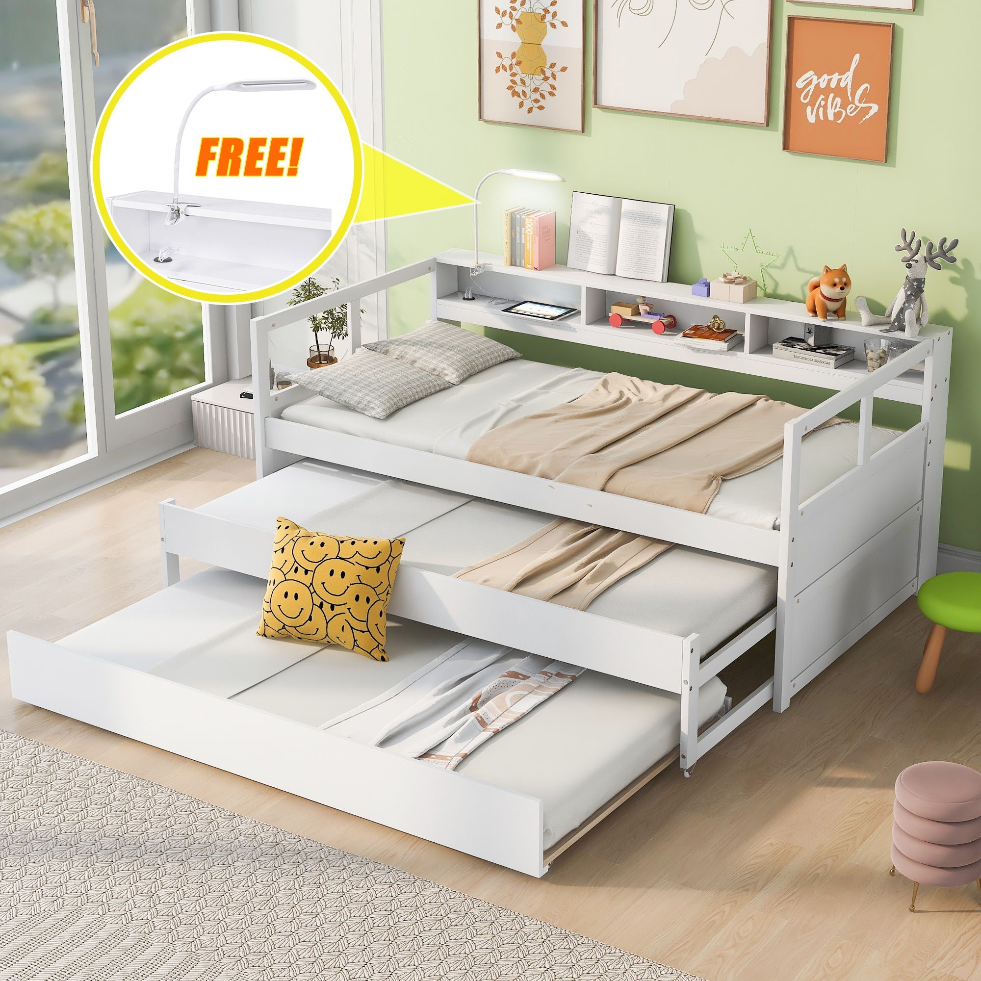 Daybed With 2 Trundles, 3 Storage Cubbies, Built In USB Charging Light
