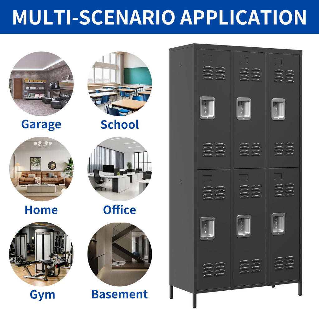 6 Door Lockers With Lock For Secure Storage - Black