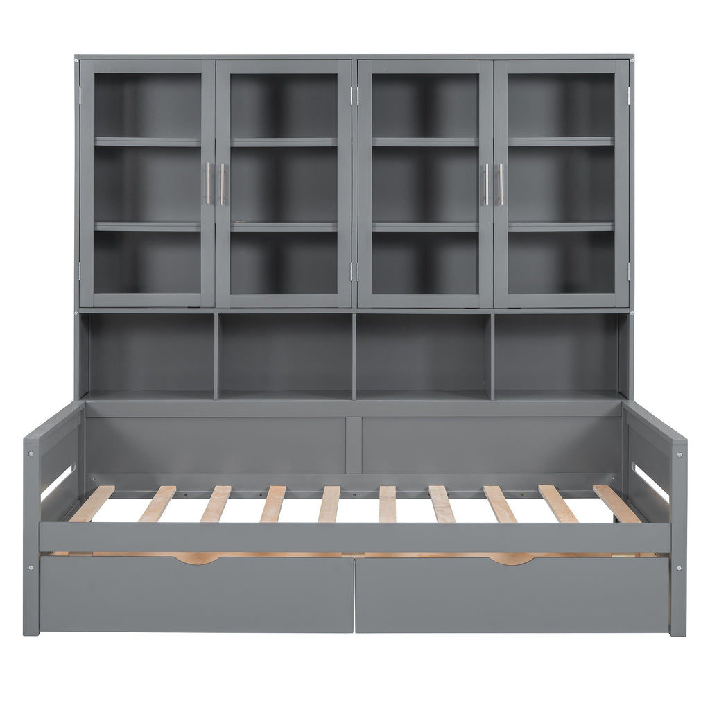 Daybed With Glass Door Storage Cabinets, Built In LED Lighting And Shelves