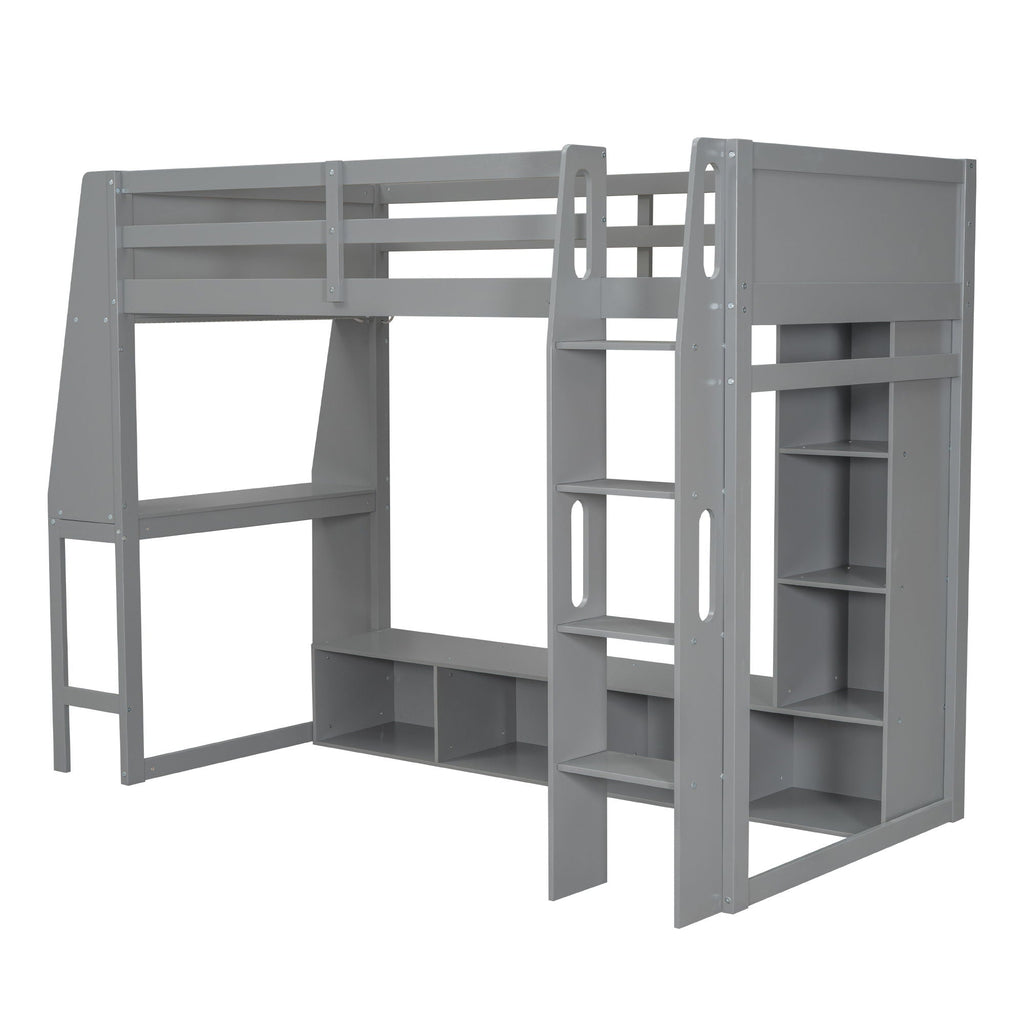 Gaming Loft Bed With Desk, Multi Storage Shelves, LED Lighting, And Hanging Clothes Rack