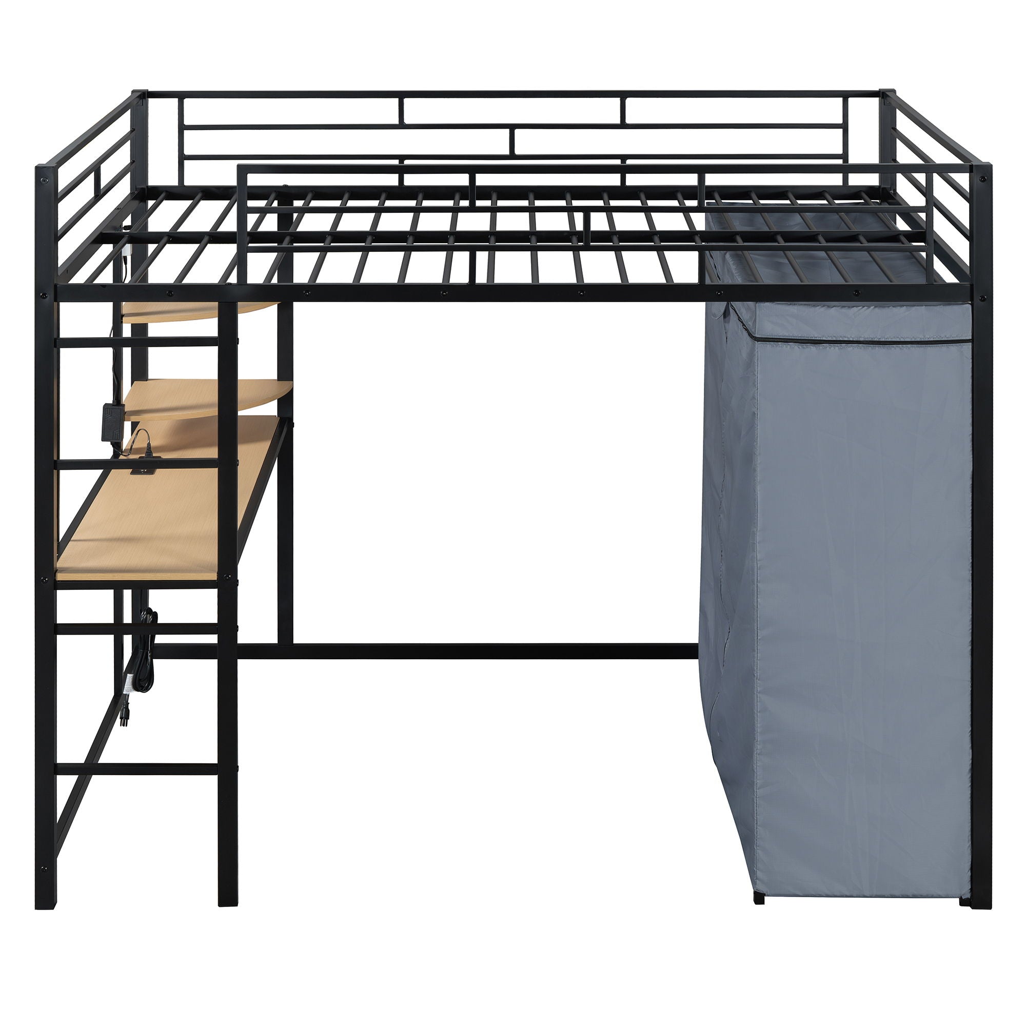 Loft Bed With Desk, Shelves, Power Outlet, LED Light And Wardrobe
