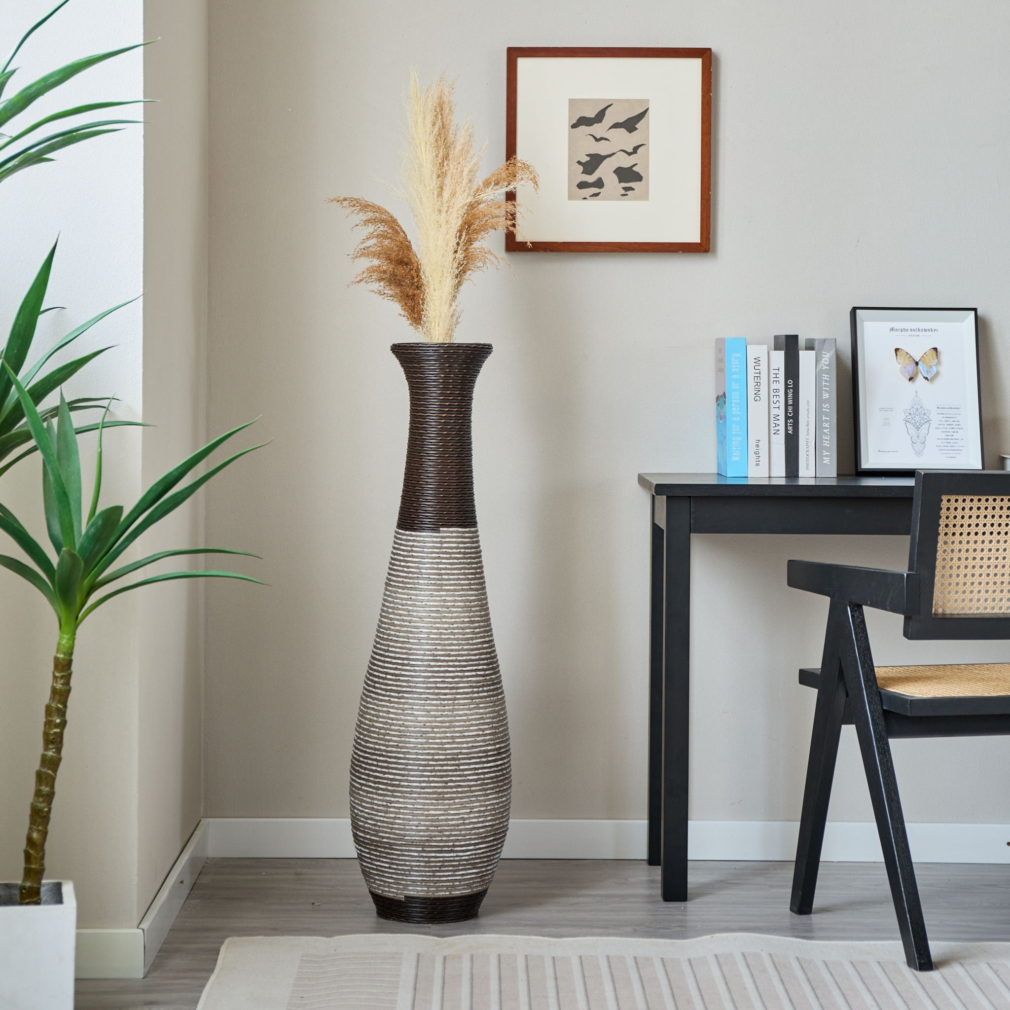 Tall Standing Designer Floor Vase Durable Artificial Rattan Elegant 2 Tone Finish Ideal Decor Accent For Living Room, Bedroom, Entryway Stylish Home Decor Statement Piece - Black / Gray