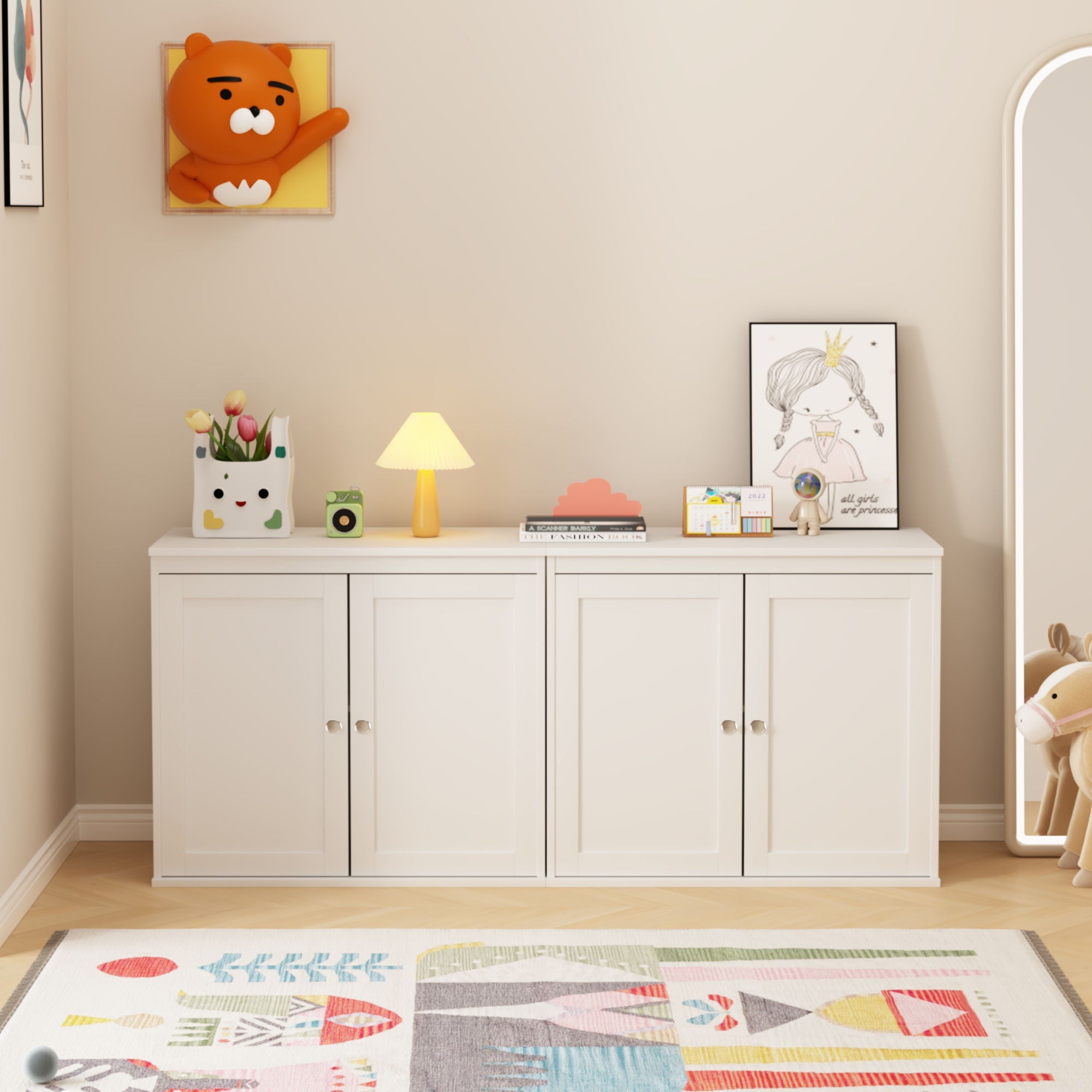 Kitchen Storage Cabinet With Double Doors, Adjustable Shelves, Sideboard Buffet For Dining Room - White