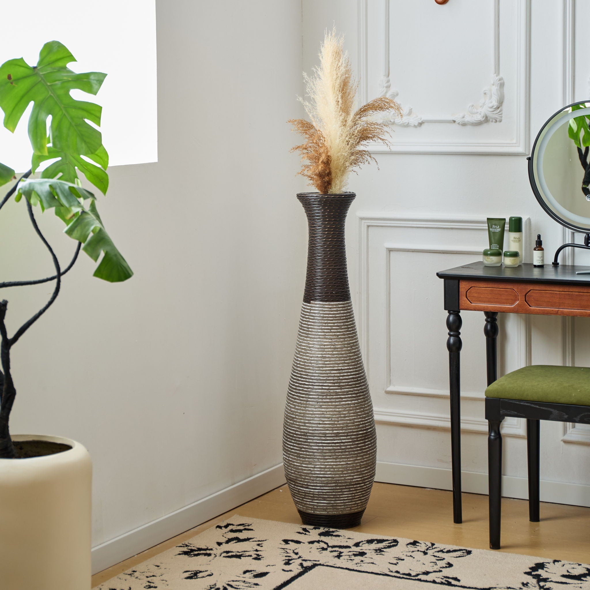 Tall Standing Designer Floor Vase Durable Artificial Rattan Elegant 2 Tone Finish Ideal Decor Accent For Living Room, Bedroom, Entryway Stylish Home Decor Statement Piece - Black / Gray
