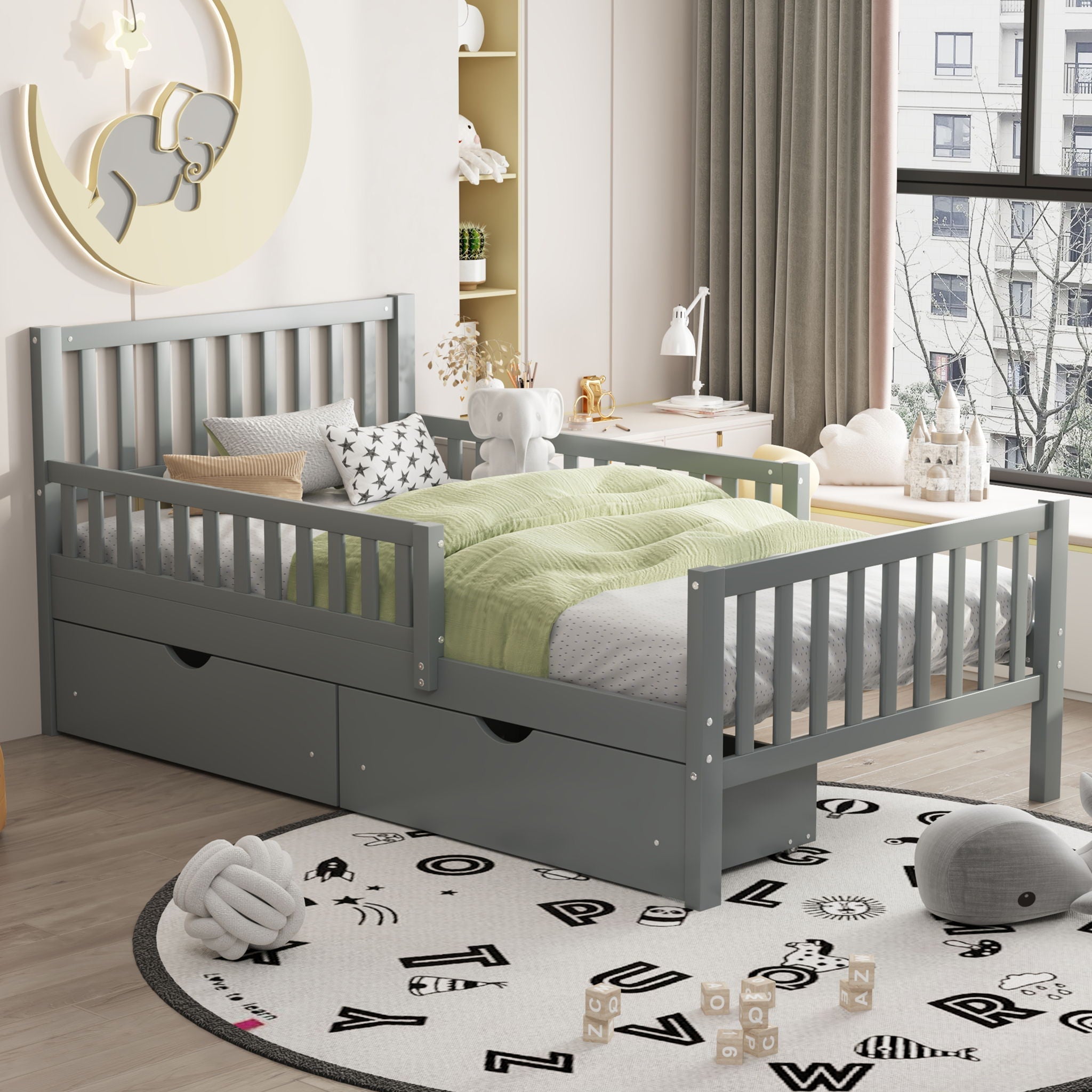 Platform Bed With Guardrails On Both Sides And 2 Storage Drawers