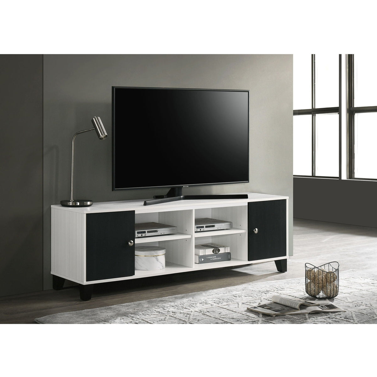 2 Tone TV Stand With Open Shelving And Concealed Storage Living Room Furniture - Black / White