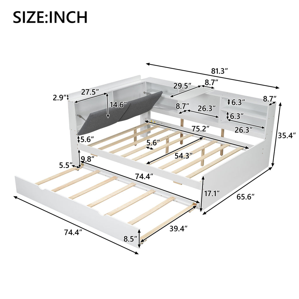 Platform Bed With Trundle, Shelves, And Storage Headboard