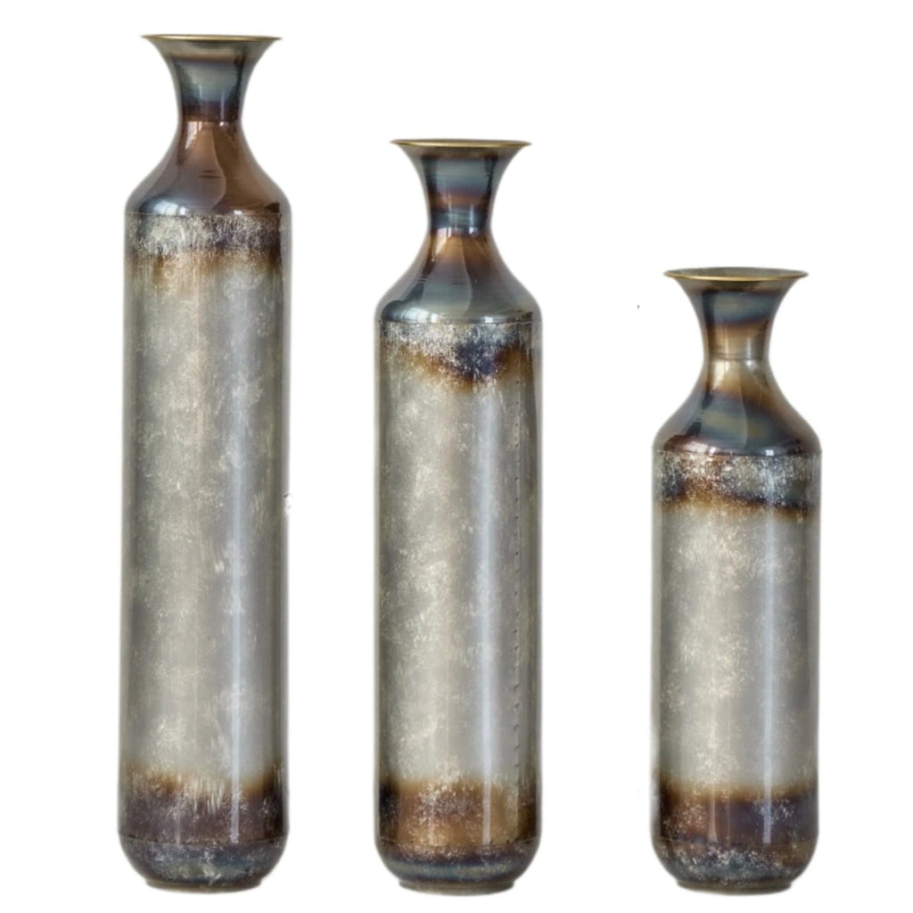 Modern Droplet Shaped Floor Vase Set, Glazed Metal Decorative Vases 3 Piece Home Accent For Living Room - Gold / White