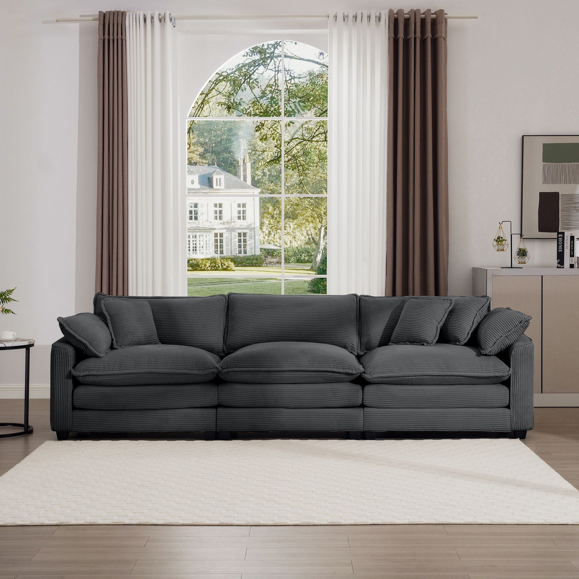 Mid-Century Modern 3 Seater Sectional Sofa With Arm And Throw Pillows