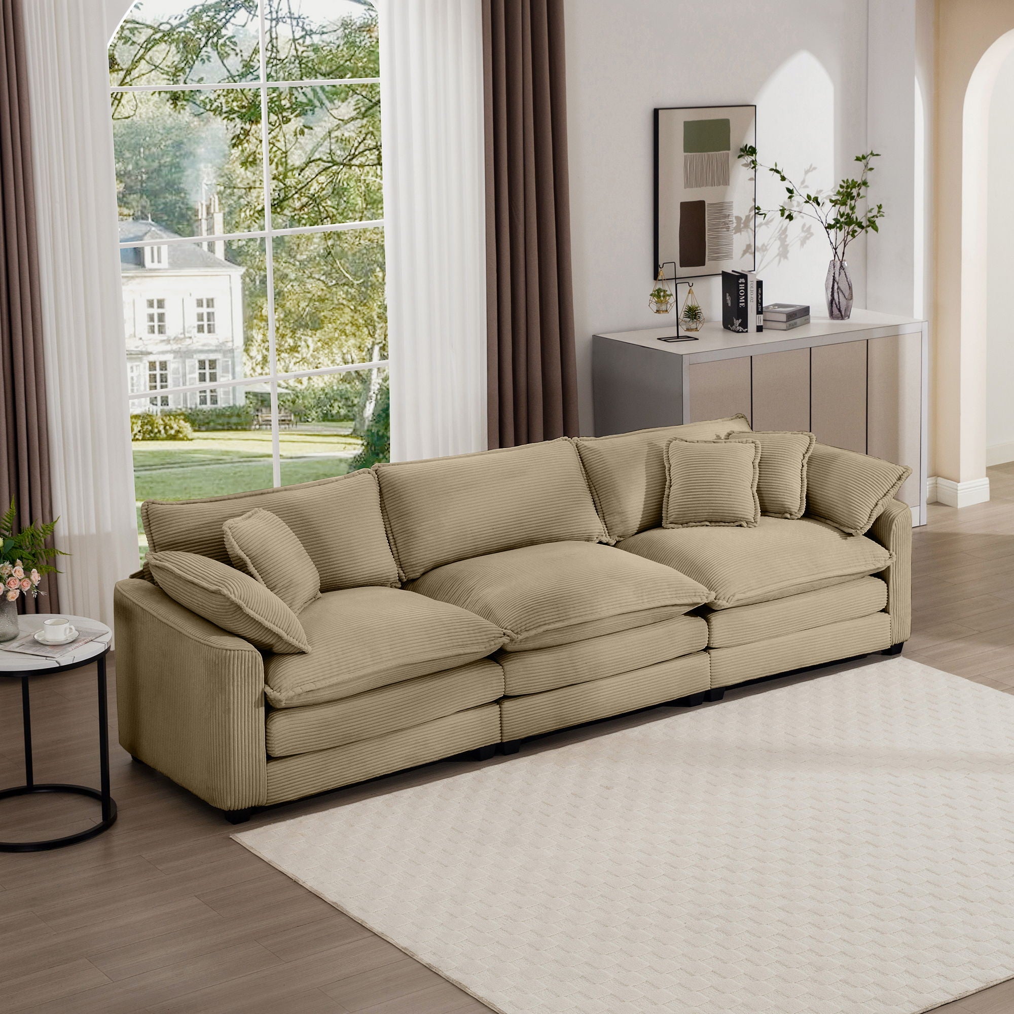 Mid-Century Modern 3 Seater Sectional Sofa With Arm And Throw Pillows