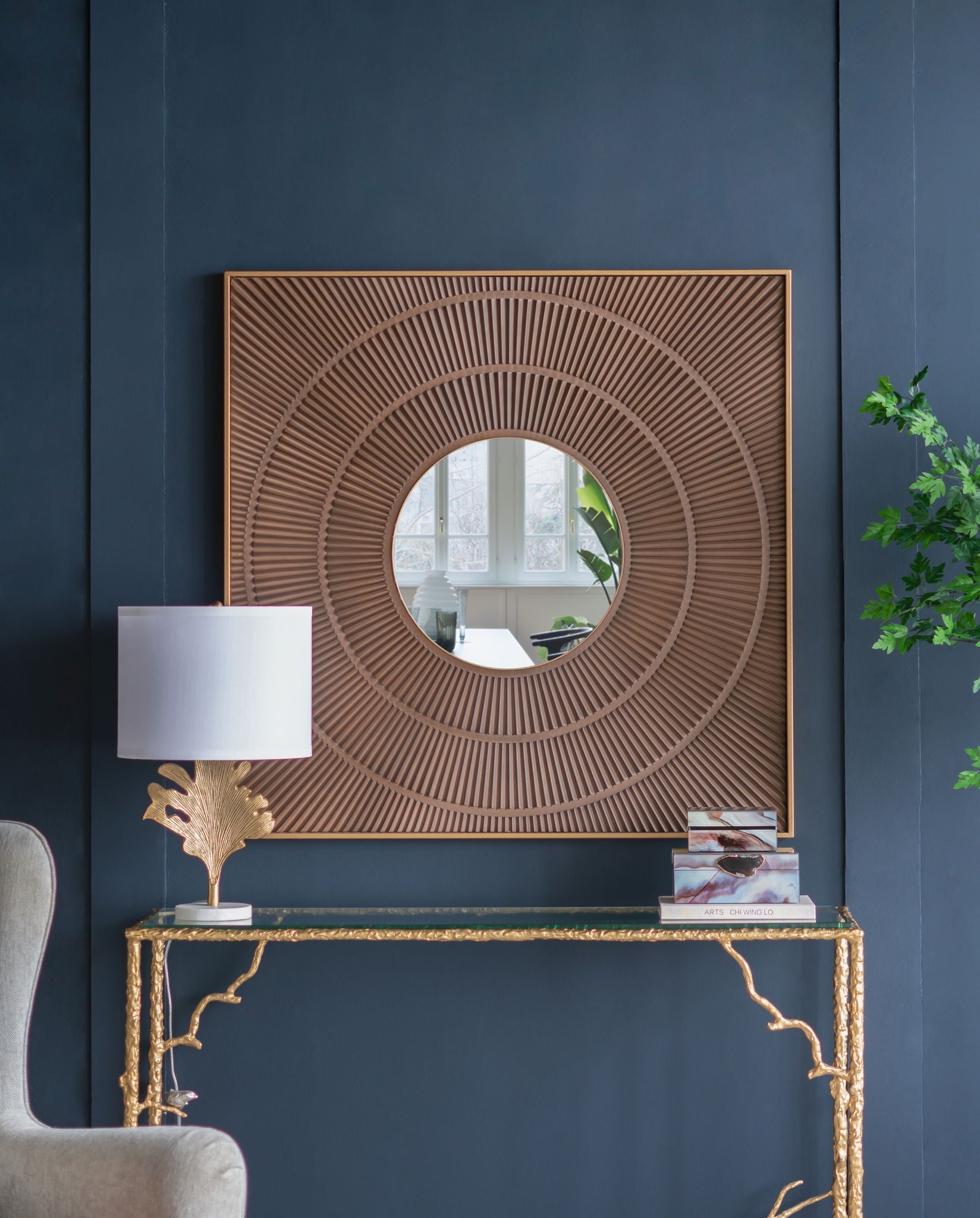 Square Carved Mirror With Pleated Design WithIron Frame, Neutral Colorway Wall Decor For Living Room Bathroom Entryway