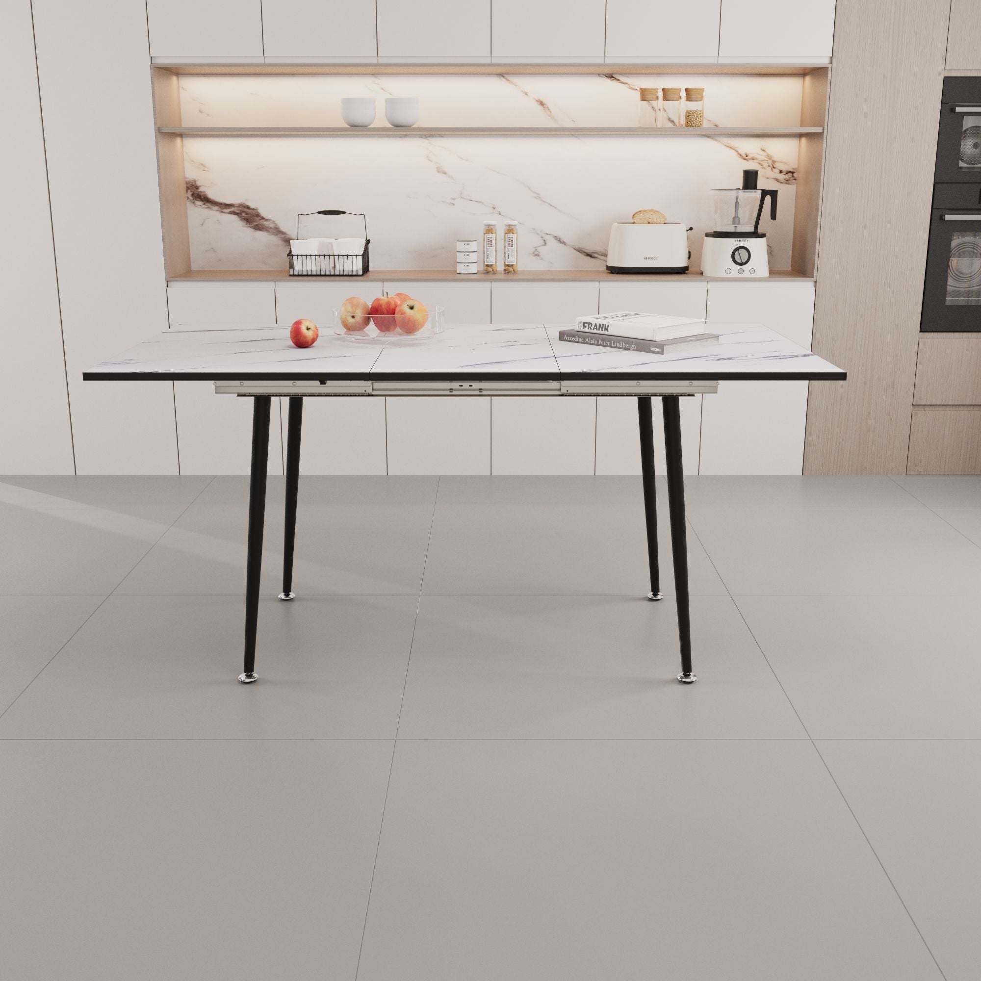 Modern Industrial Expandable Dining Table 47" To With Marble Pattern Top And Metal Legs - White