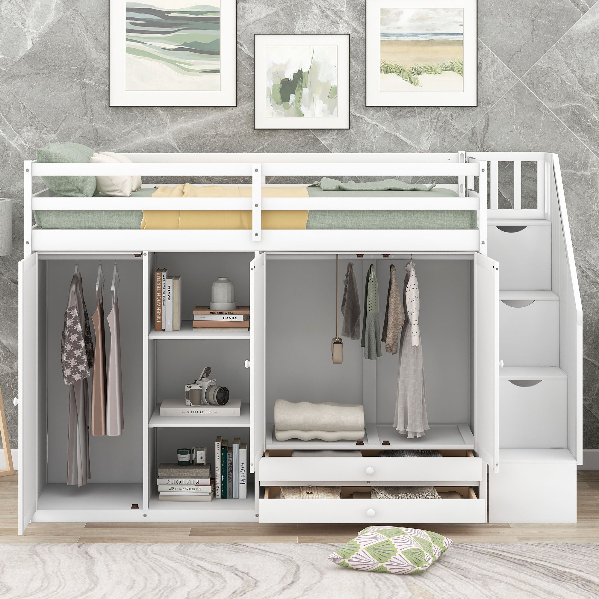 Loft Bed With 3 Shelves, 2 Wardrobes, 2 Drawers, Ladder Storage