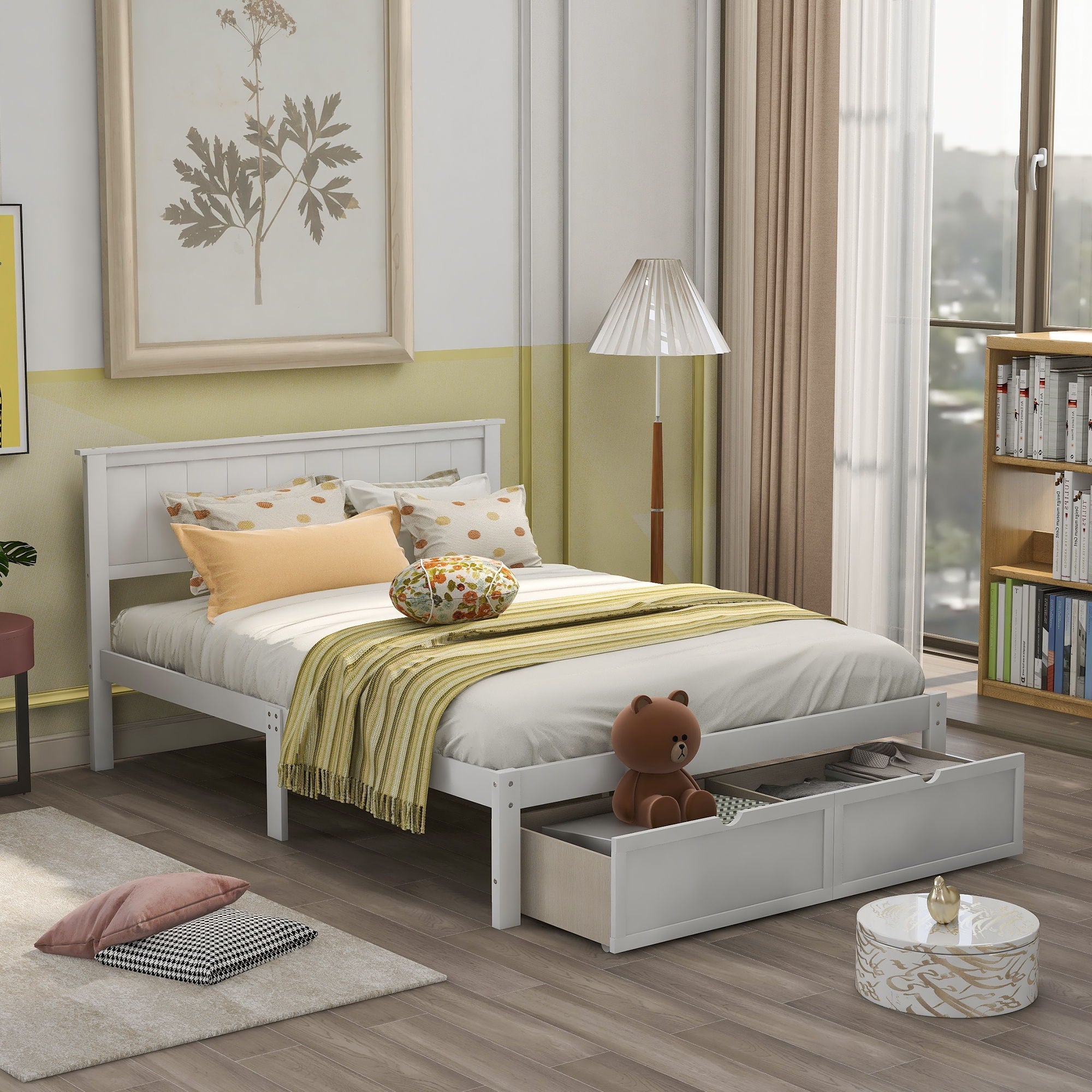 Full Size Platform Bed With Under Bed Drawers - White