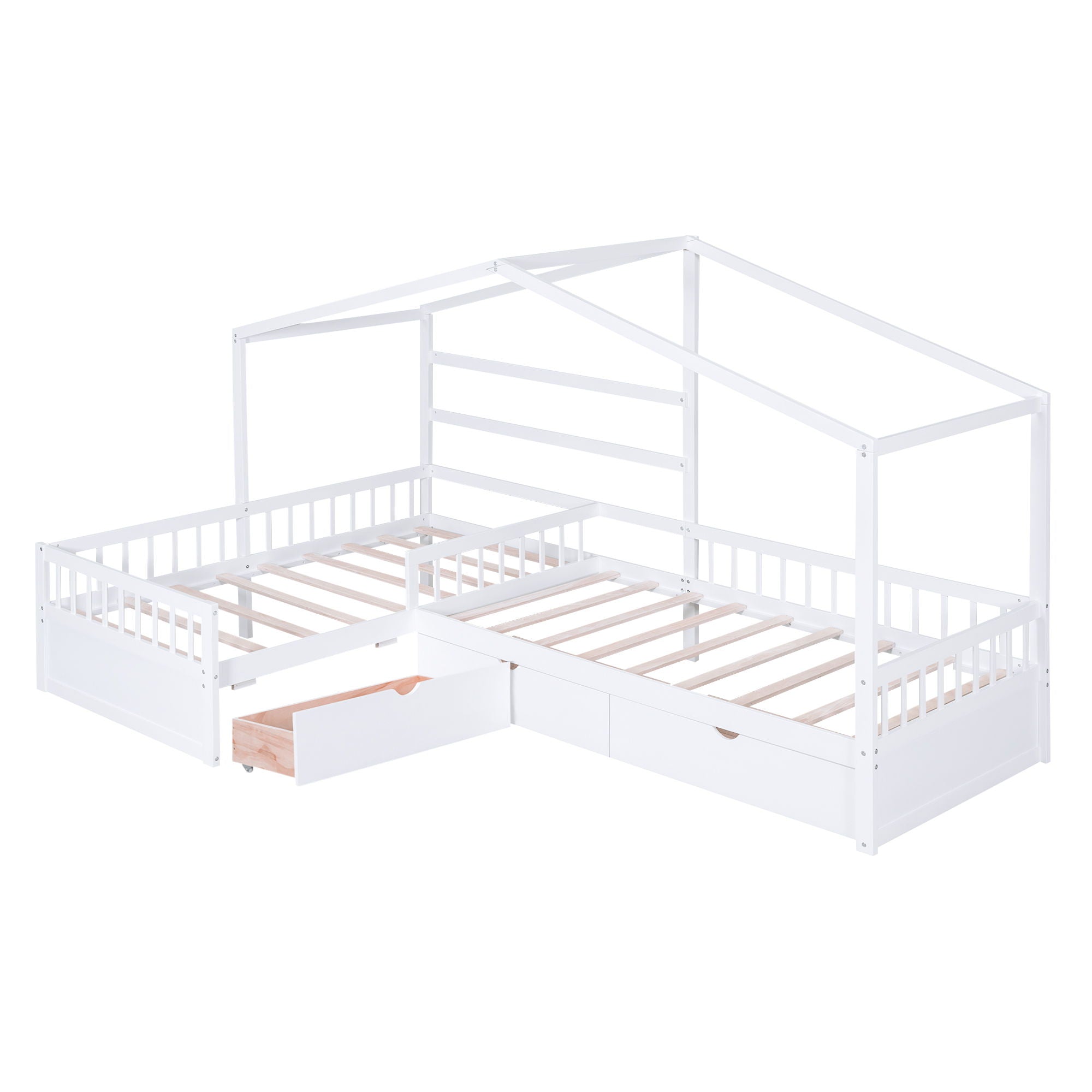 L Shape Platform Bed With 3 Storage Drawers