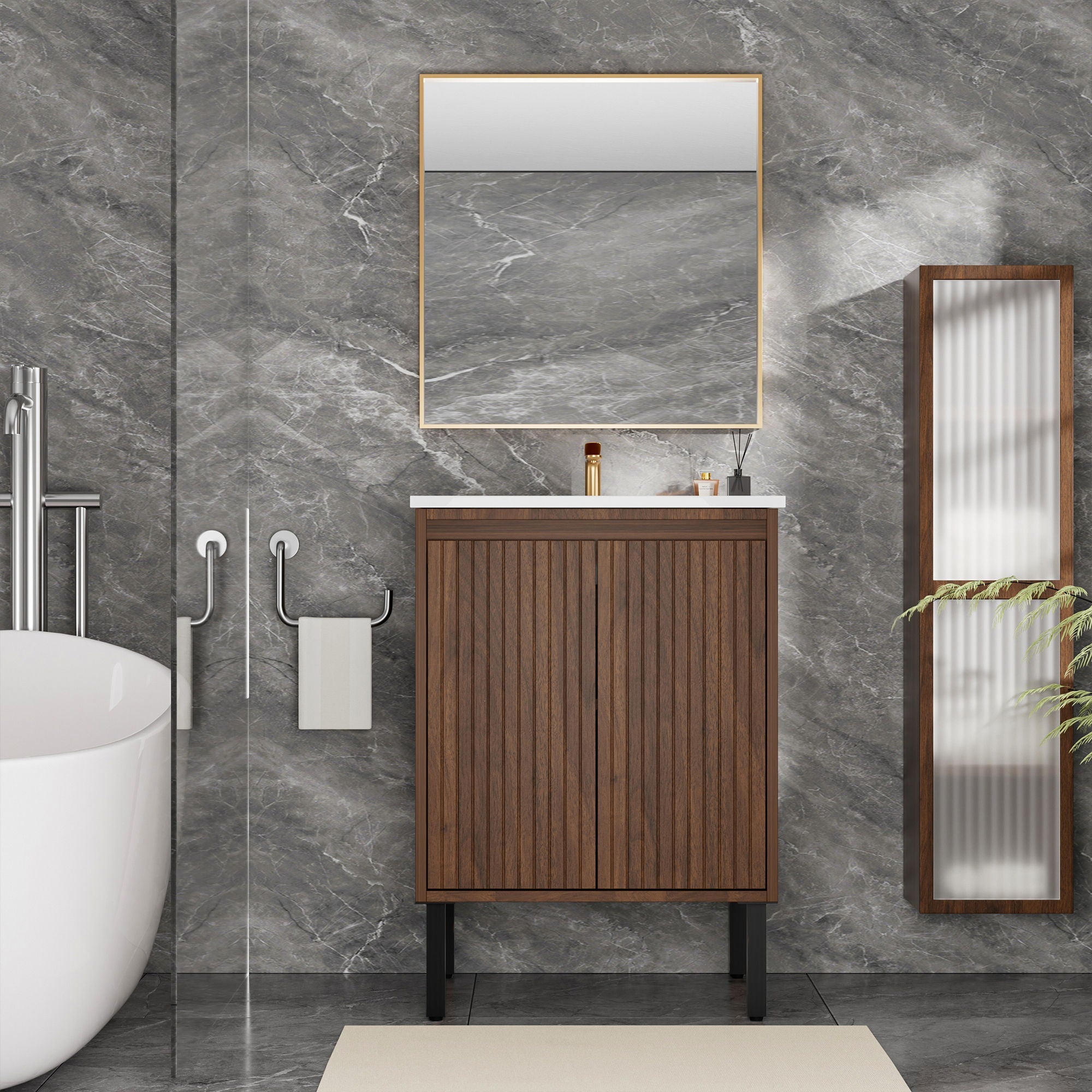Bathroom Vanity With Ceramic Sink, Floor-Standing Design, Soft-Closing Drawers