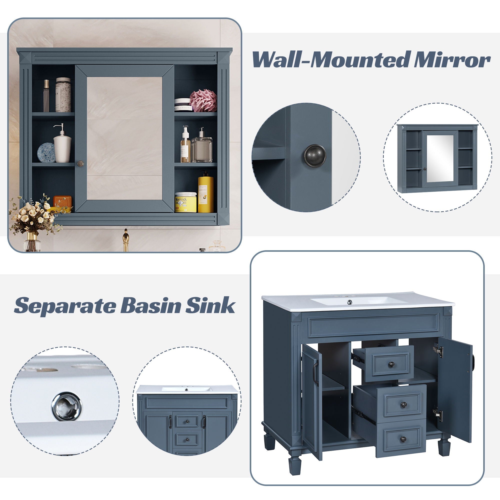 Bathroom Vanity With Top Sink, Mirror Cabinet, 2 Soft Closing Doors & 2 Drawers