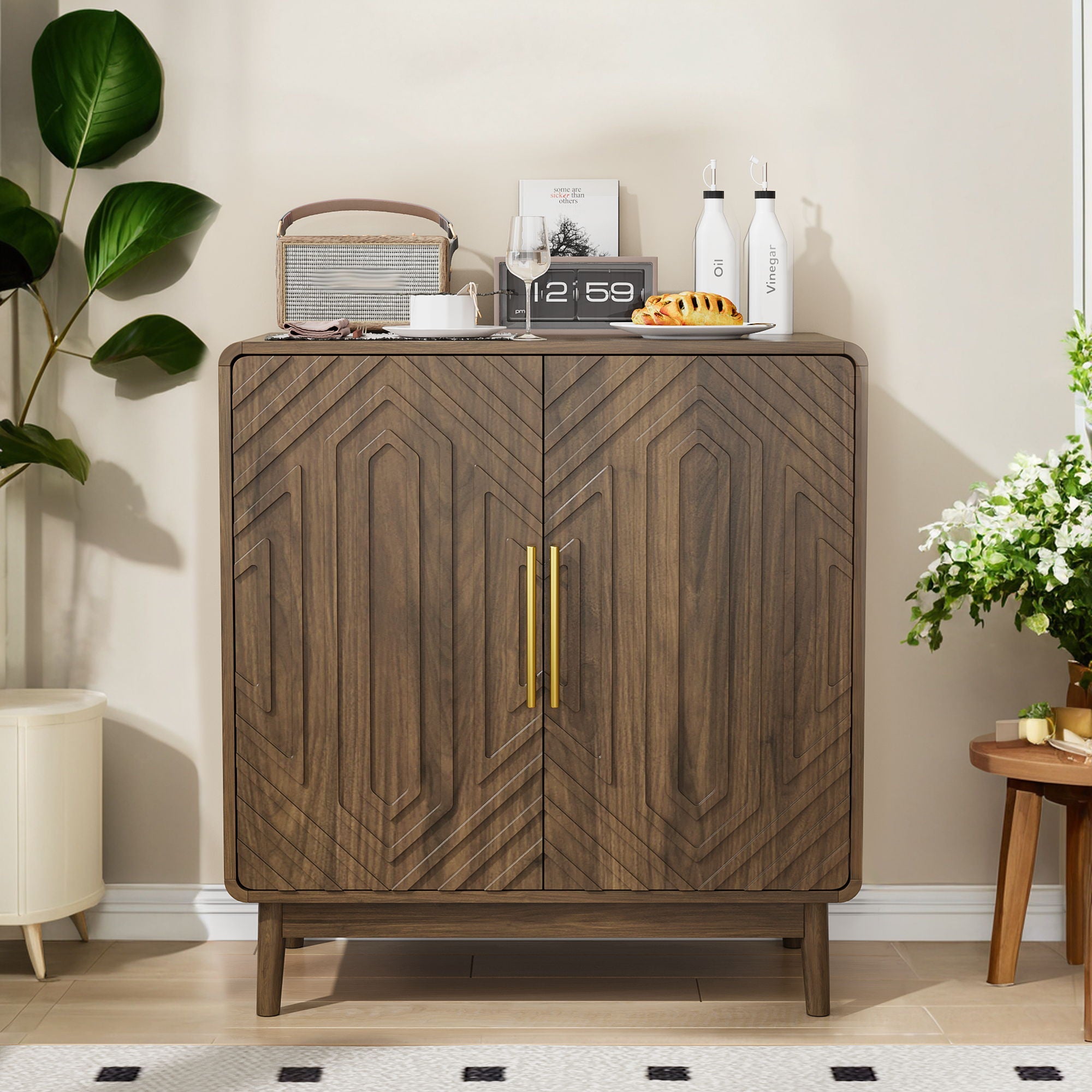 Sideboard Buffet Cabinet With Carved Doors And Adjustable Layer Board