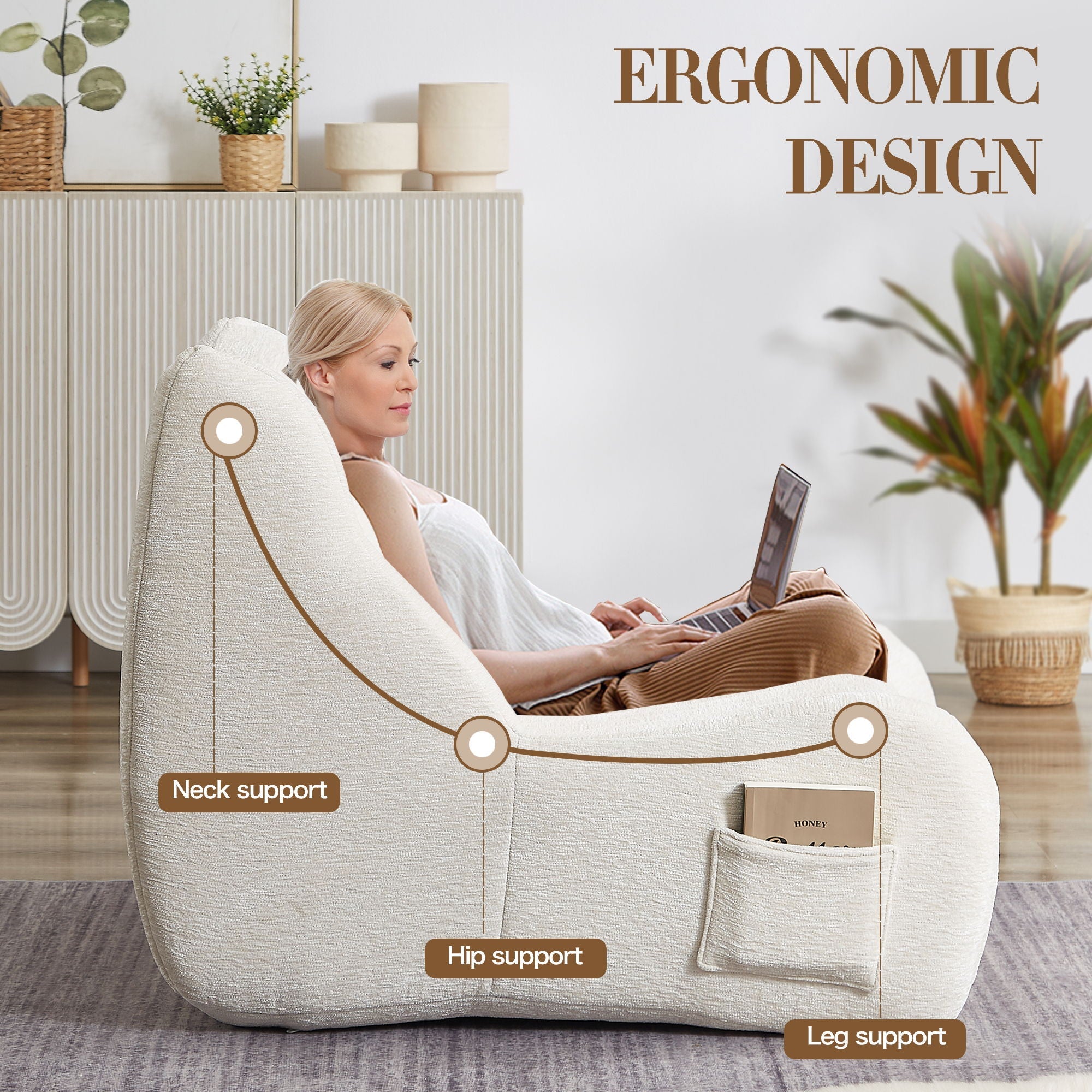 Bean Bag Chair For Adults, Lazy Floor Sofa Couch Memory Foam Bean Bag Sofas Chenille Fabric Reading Chair Comfortable Corner Lounge Sofa For Living Room - White