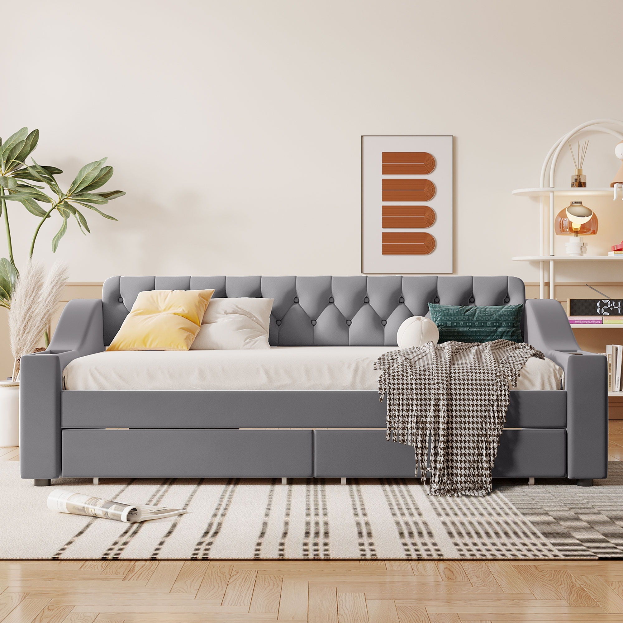 Upholstered Daybed With Storage Armrests And USB Port