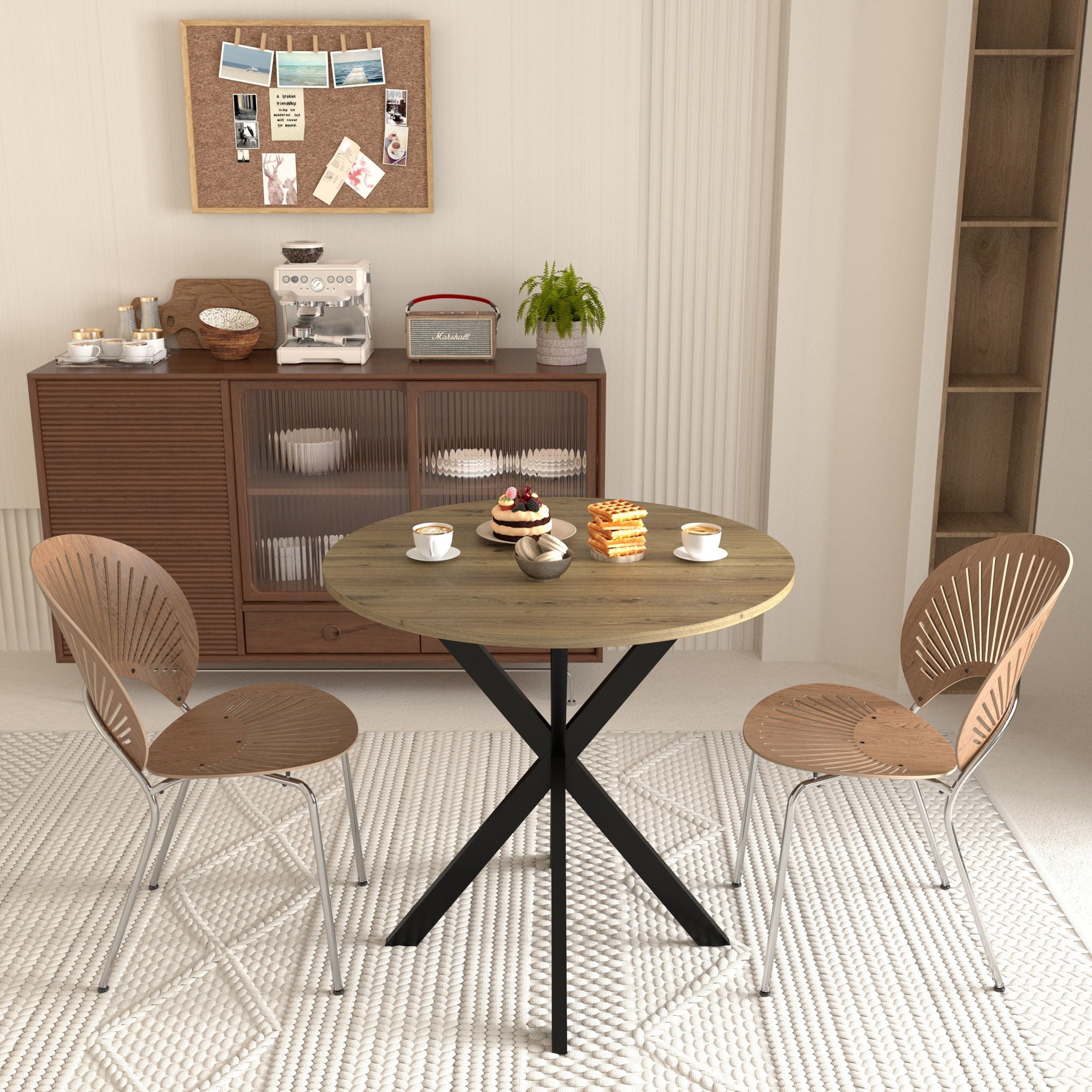 Round Dining Table For 2 - 4 People, Compact Kitchen Or Dining Room - Rustic Brown