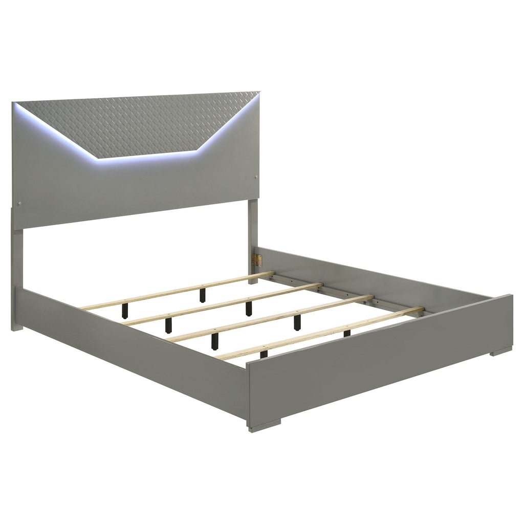 Ives Eastern King Panel Bed LED Headboard Grey High Gloss