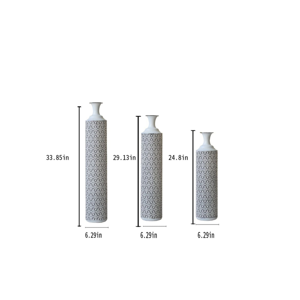 Modern Floor Vase Set Metal Vases With Geometric Pattern, 3 Piece Home Decor Set - White / Black