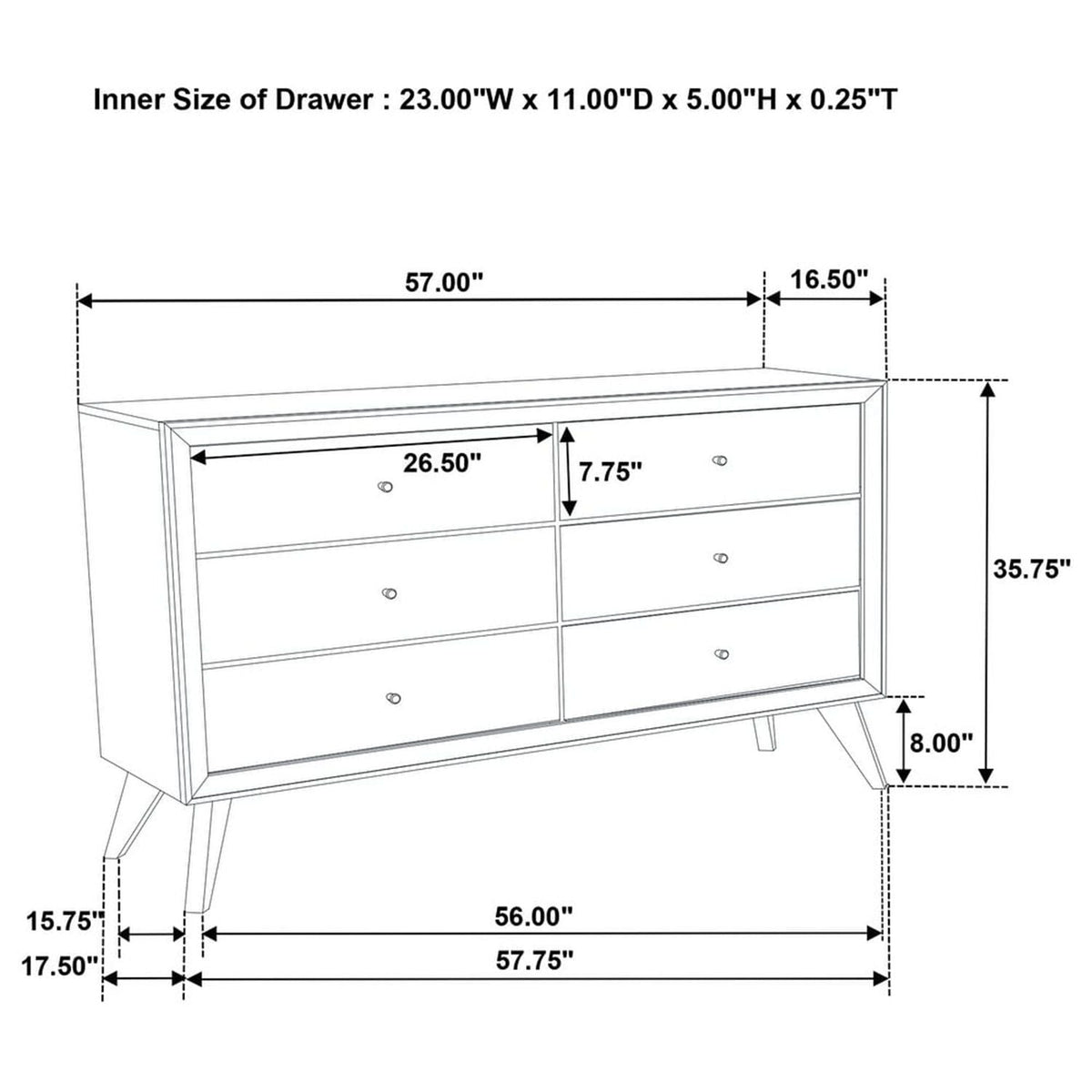 1 Piece Dresser With Angled Legs, Wave Texture And Round Knobs - White