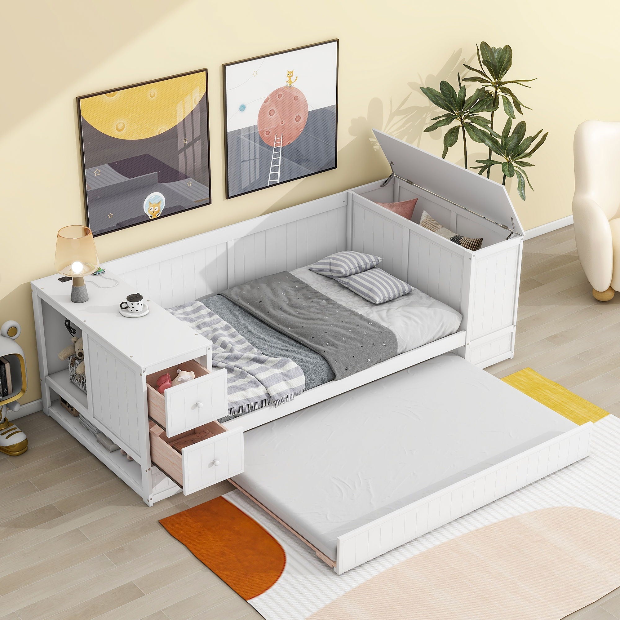 Daybed With Storage Arms, Trundle And Charging Station