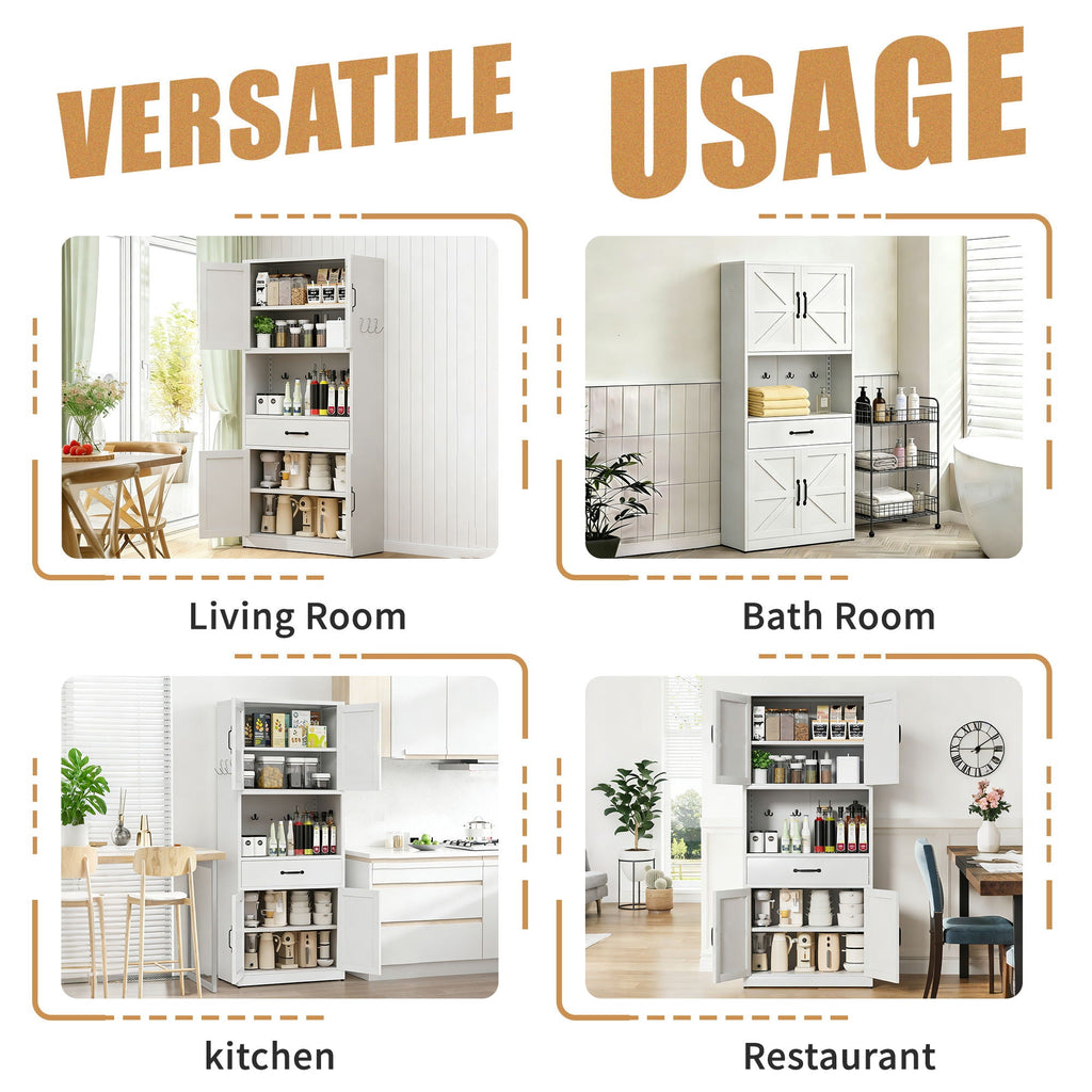 Kitchen Pantry Cabinet With Adjustable Shelves, Drawers, Hooks And Large Countertop - White