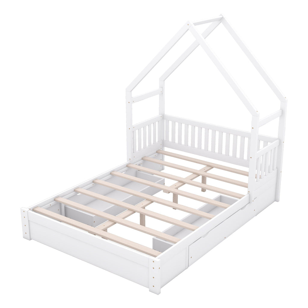 House Style Platform Bed With Guardrail And 2 Drawers