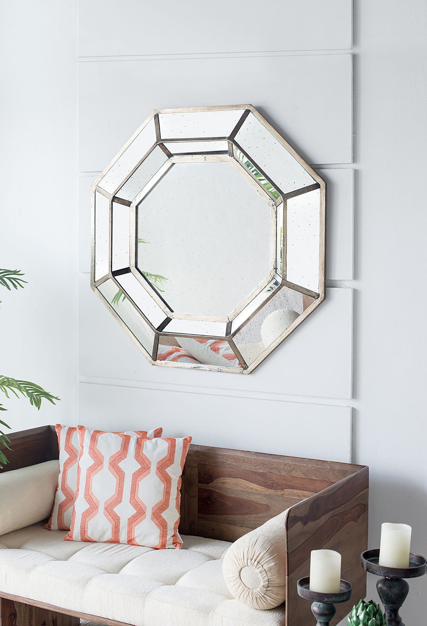 Oversized Octagon Mirror, Accent Mirror, For Living Room, Entryway, Bedroom, Hallway - Silver