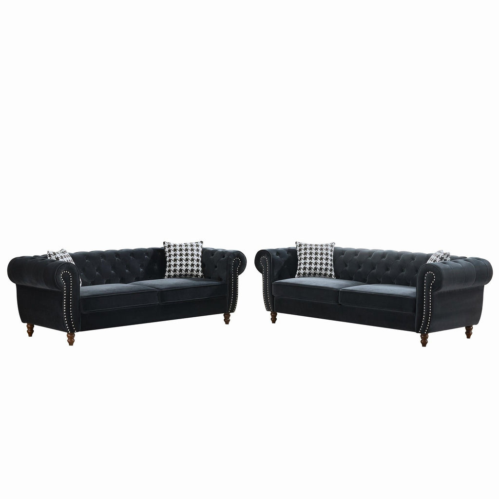 Chesterfield Upholstery Fabric Sofa With Roll Armrest & Nailhead, Mid Century Modern 3 And 3 Seater Couch