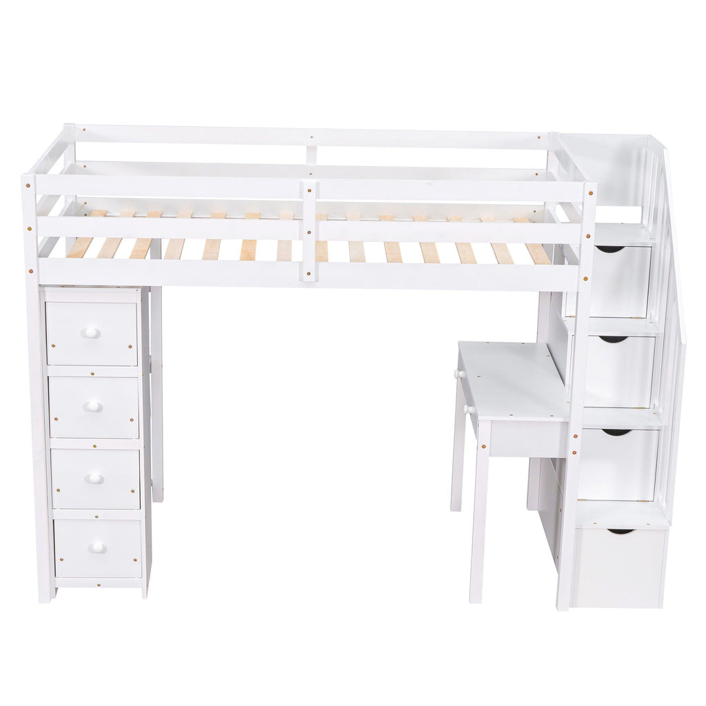 Loft Bed With Storage Drawers, Desk And Stairs With Shelves
