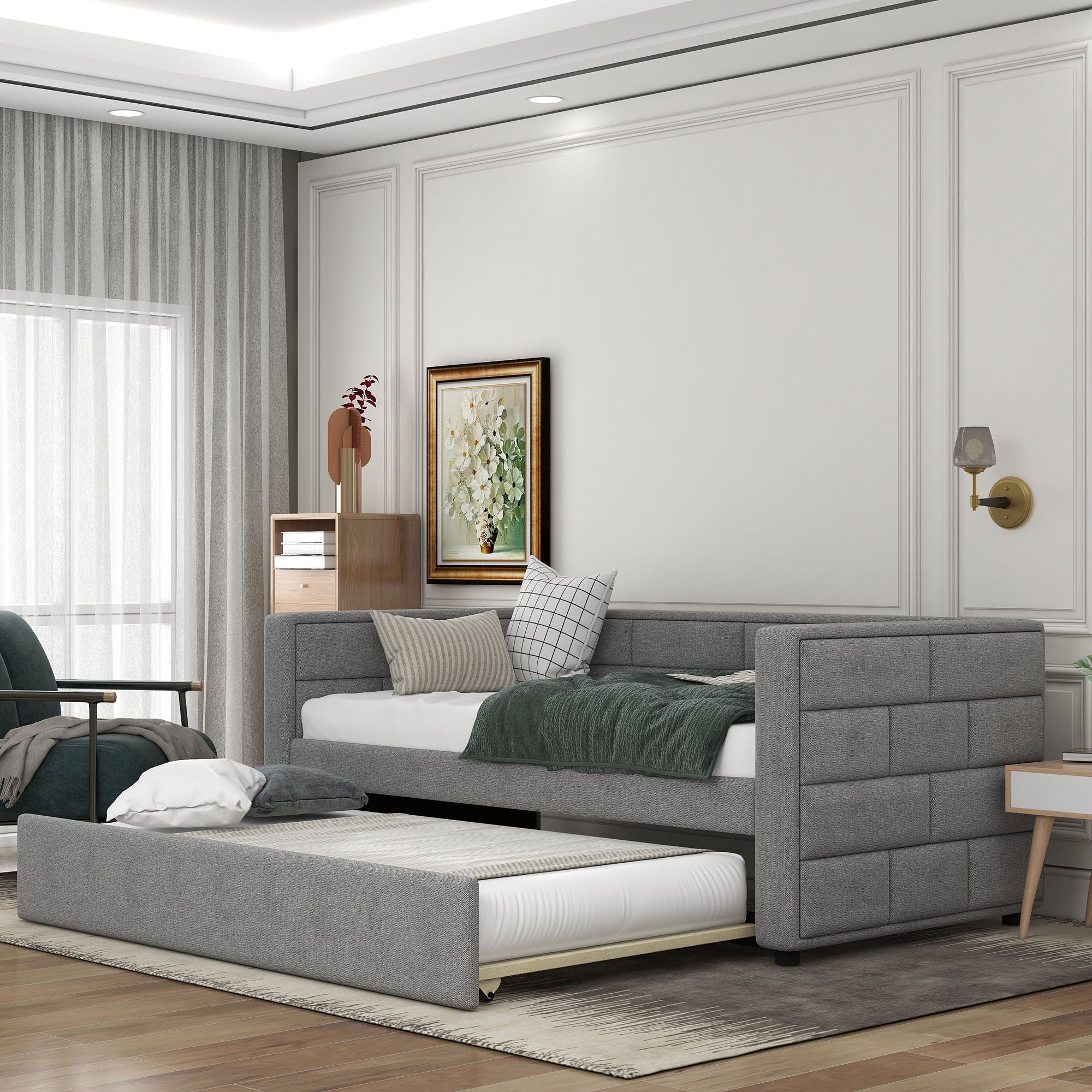 Upholstered Twin Size Daybed With Trundle, Padded Back And Sides - Gray