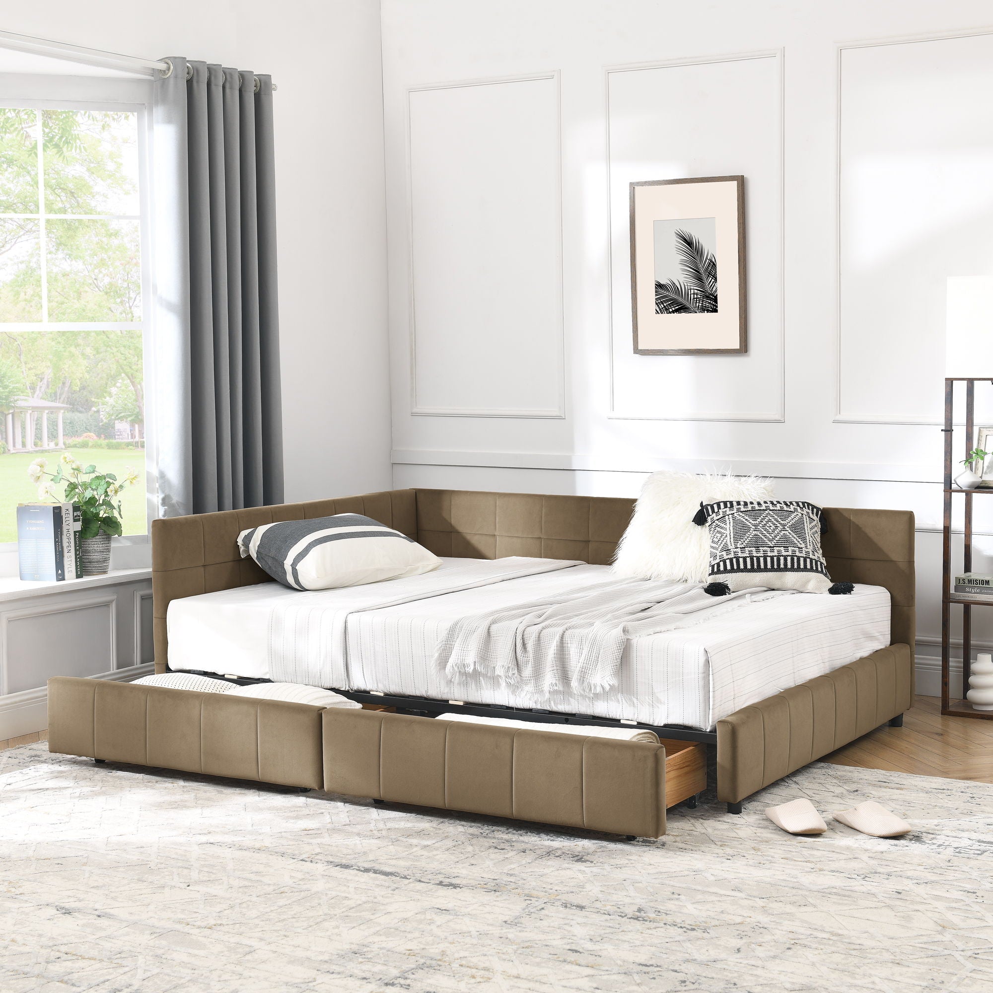 Mid-Century Storage Upholstered Tufted Bed Frame With Backrest And Armrests