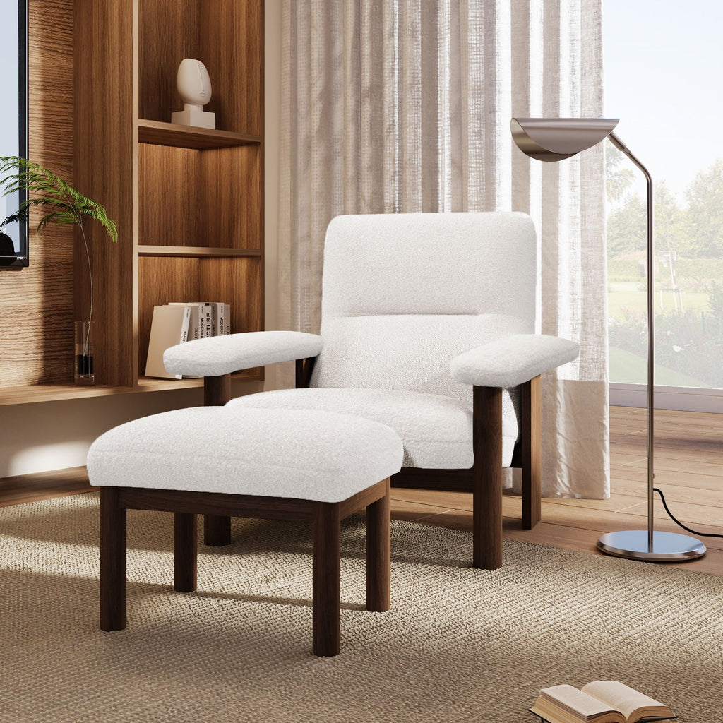 Modern Accent Chair With Ottoman, Mid Century Lounge Chair With Footrest, Comfy Fabric Armchair Upholstered Set With Solid Wood Frame For Living Room - White