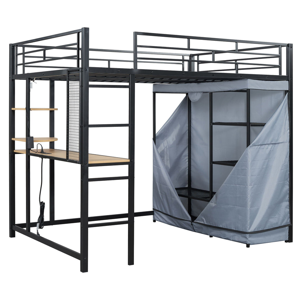 Loft Bed With Desk, Shelves, Power Outlet, LED Light And Wardrobe