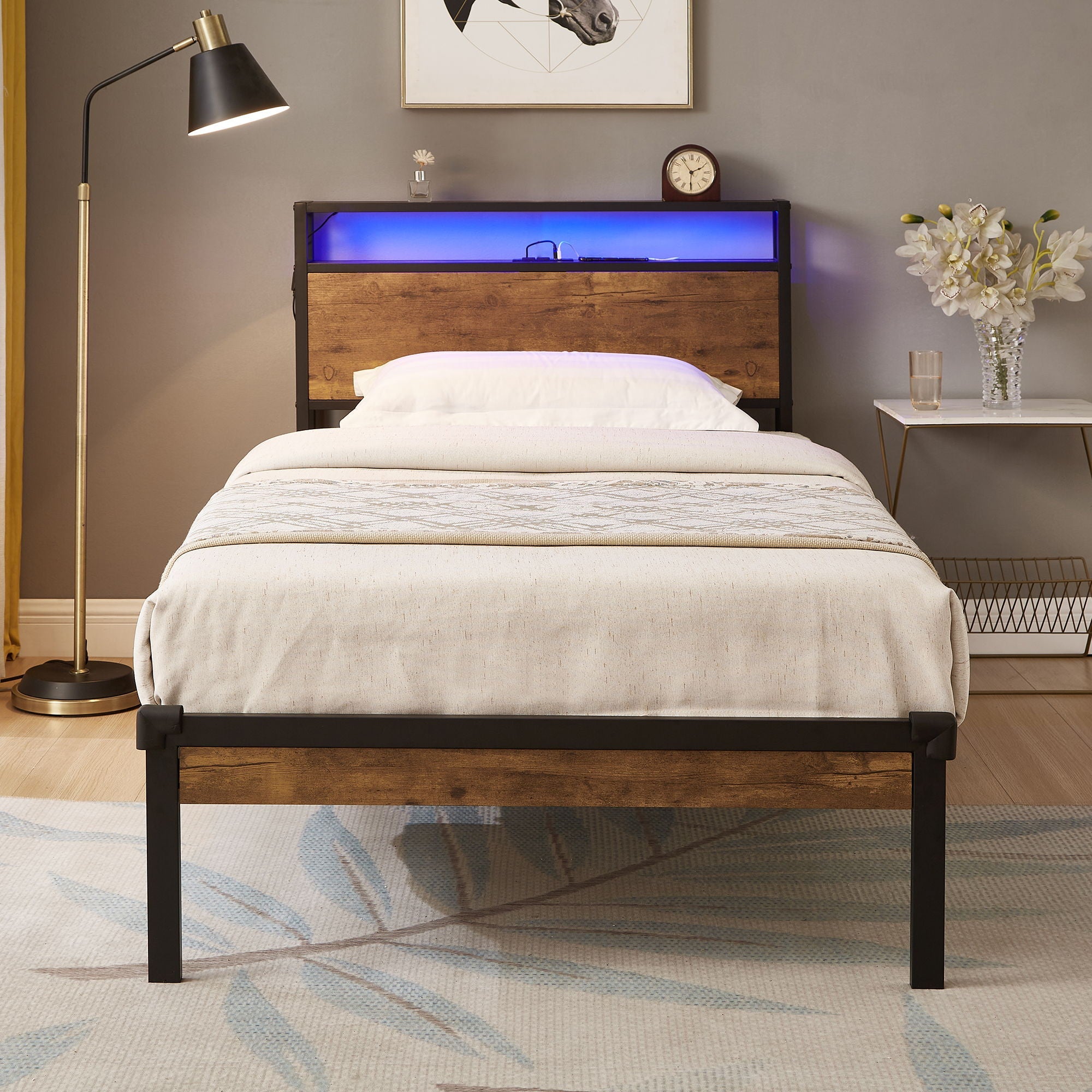 Twin Size Platform Bed Frame, LED Lights With Remote Control, USB Charging Port, Large Under Bed Storage - Black / Brown