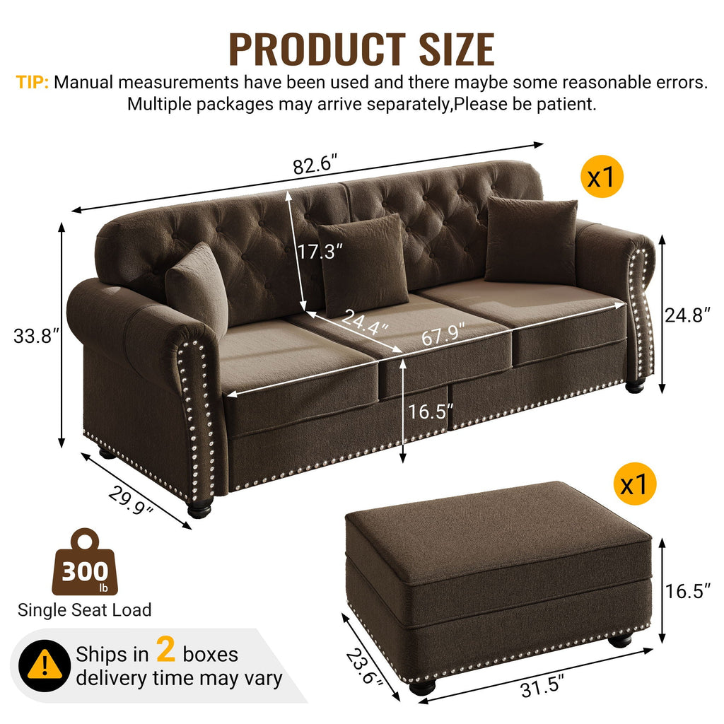 Upholstered 3 Seater Sofa Set With Ottoman