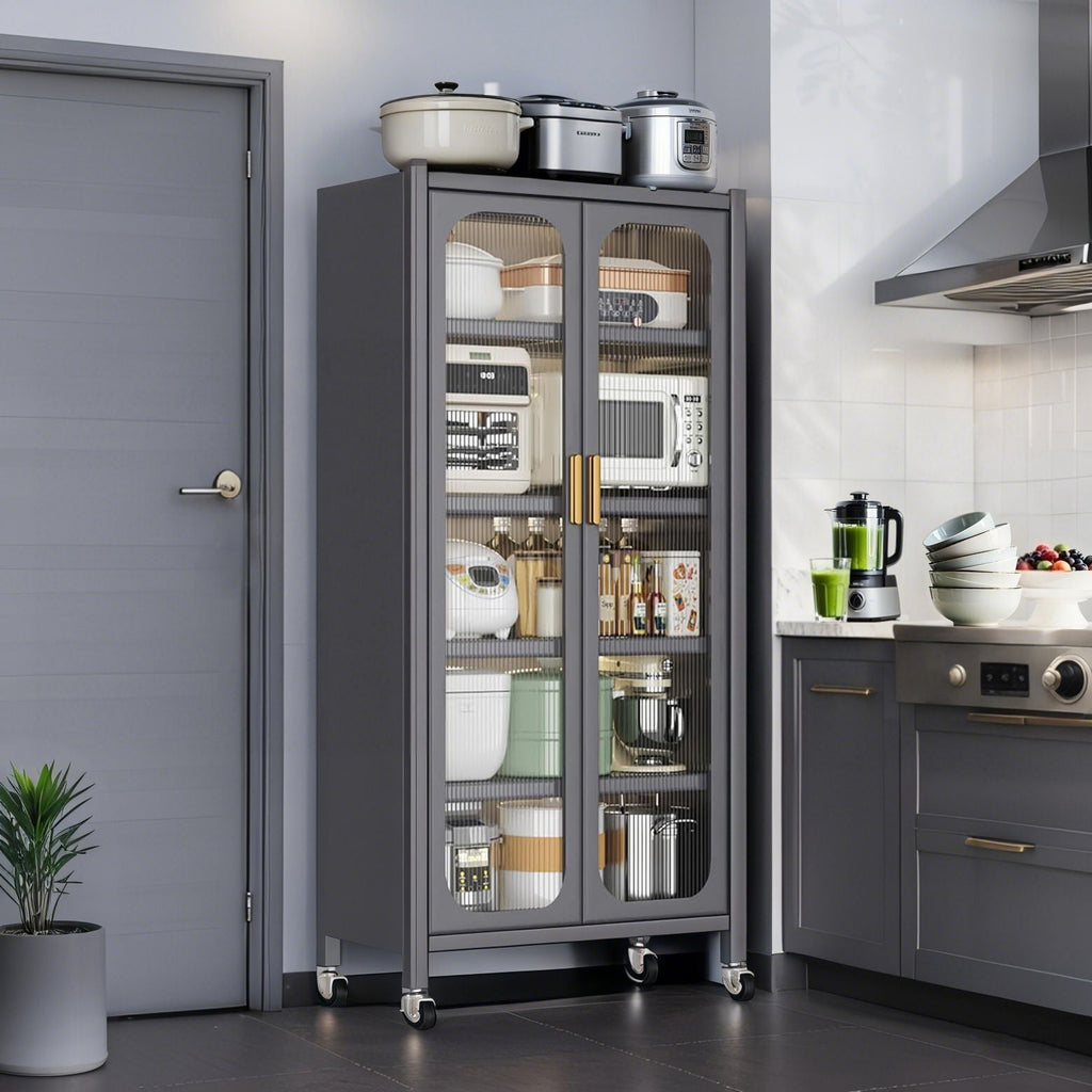 6 Tier Storage Cabinet With Transparent Door, Adjustable Shelves & Wheels