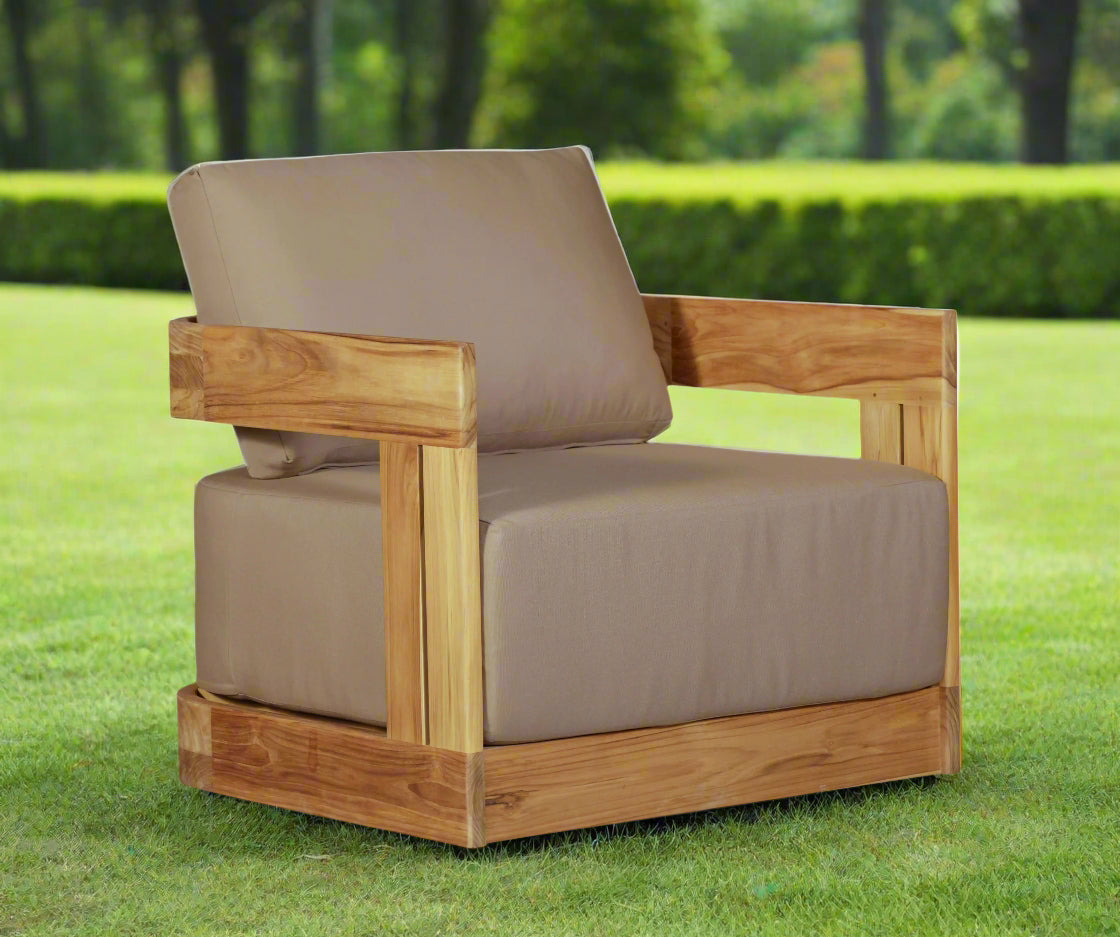Paradiso Outdoor Solid Teak Wood Revolving Chair - Light Brown Fabric