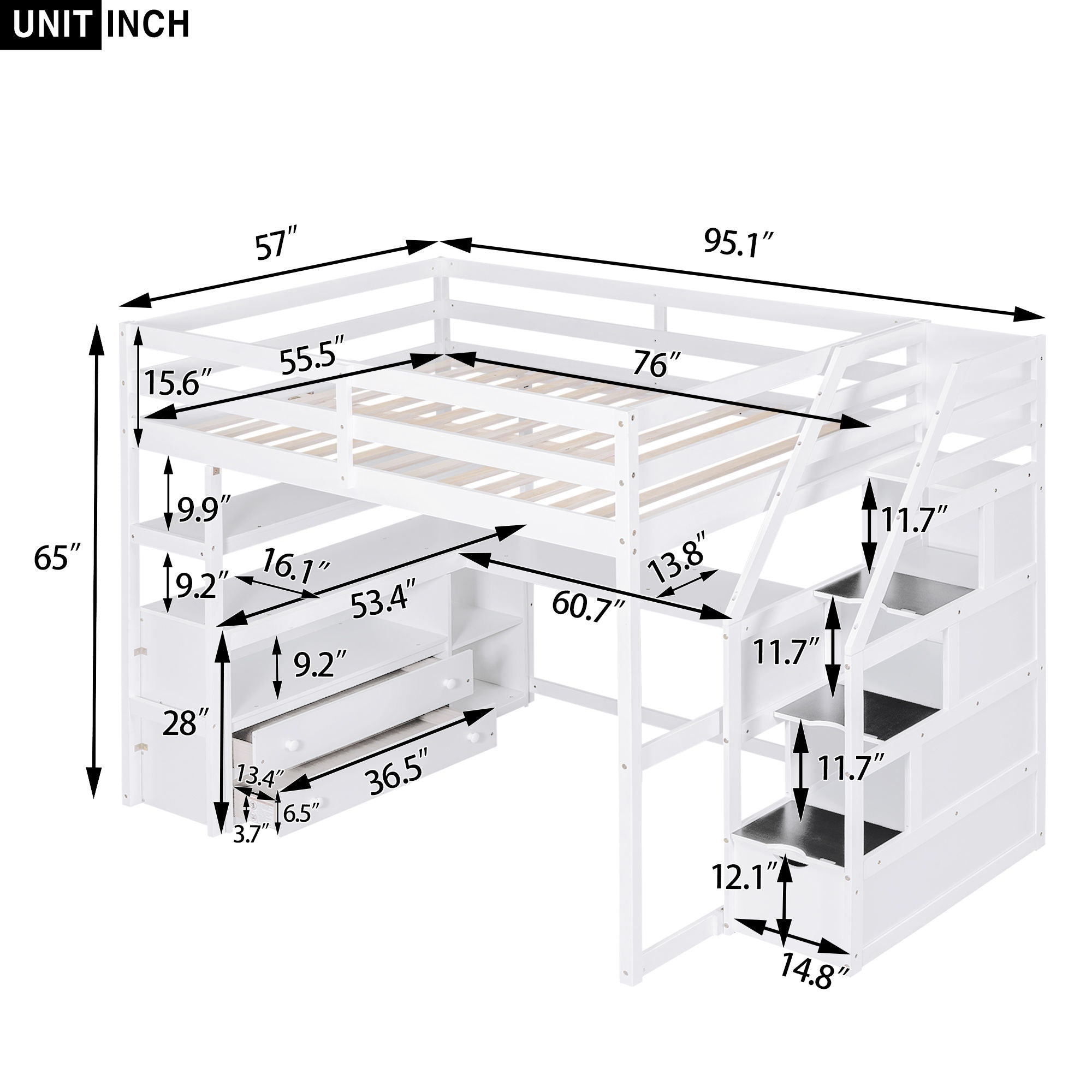 Loft Bed With Desk, Shelves, 2 Drawers, Storage Staircase