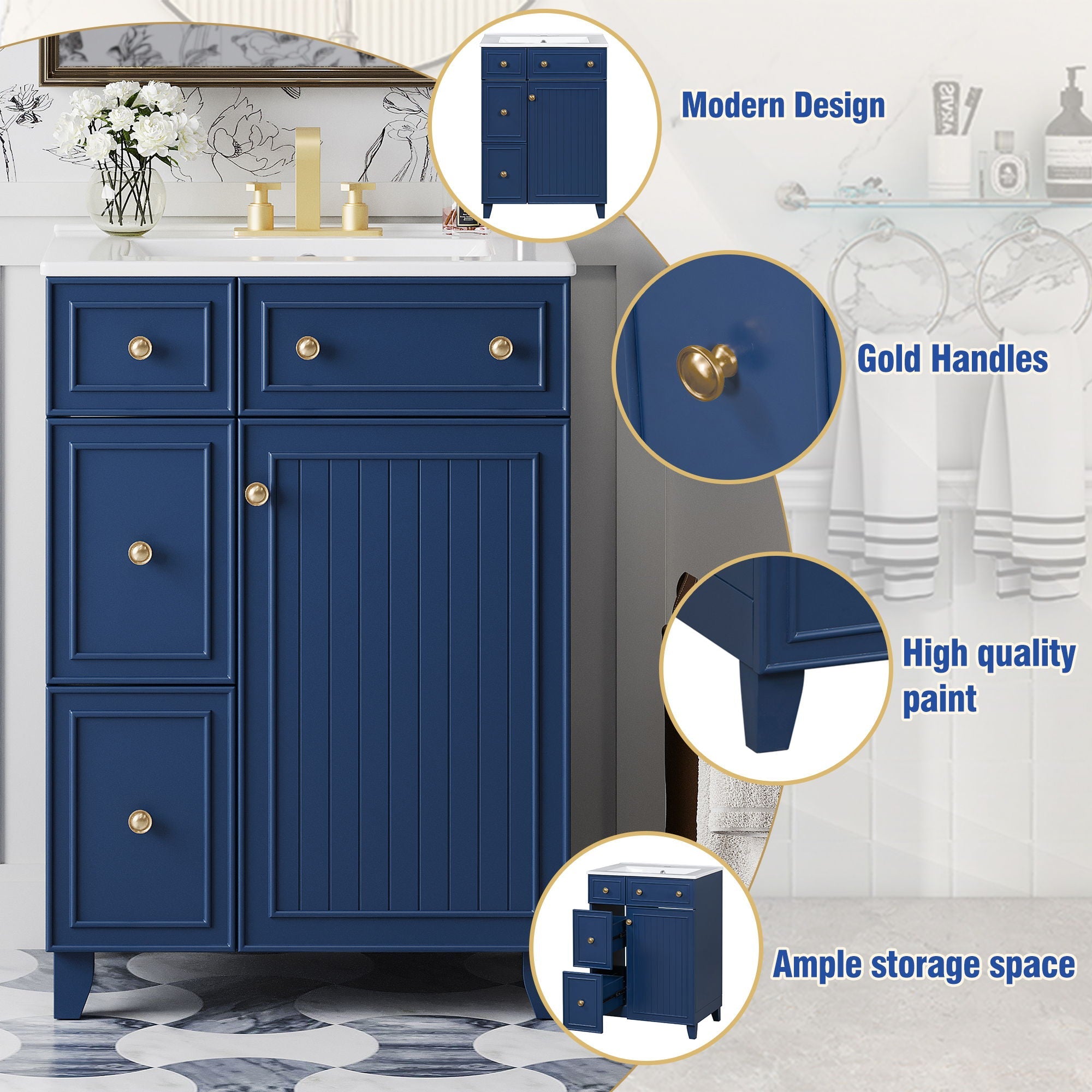 Transitional Style Bathroom Vanity Cabinet With Ceramic Sink