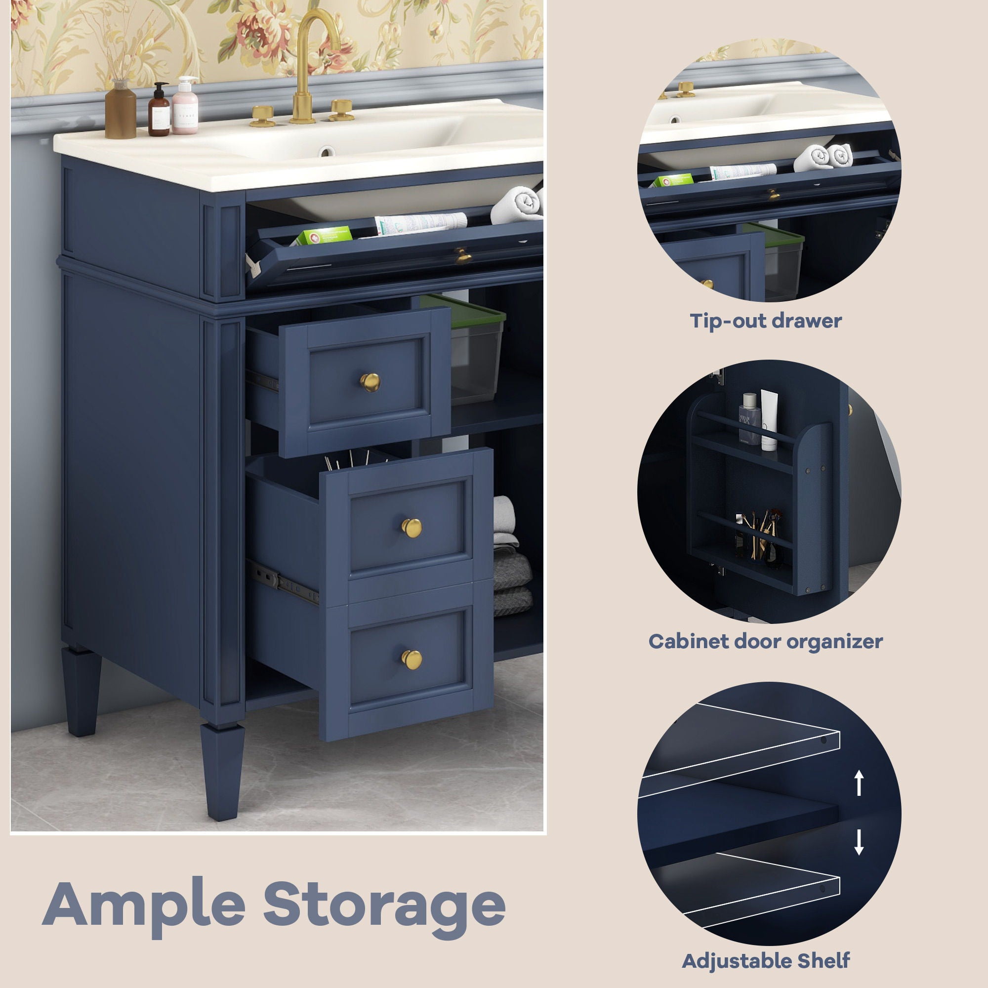 Bathroom Vanity With Top Sink, Storage Cabinet With 2 Drawers, Tip Out Drawer